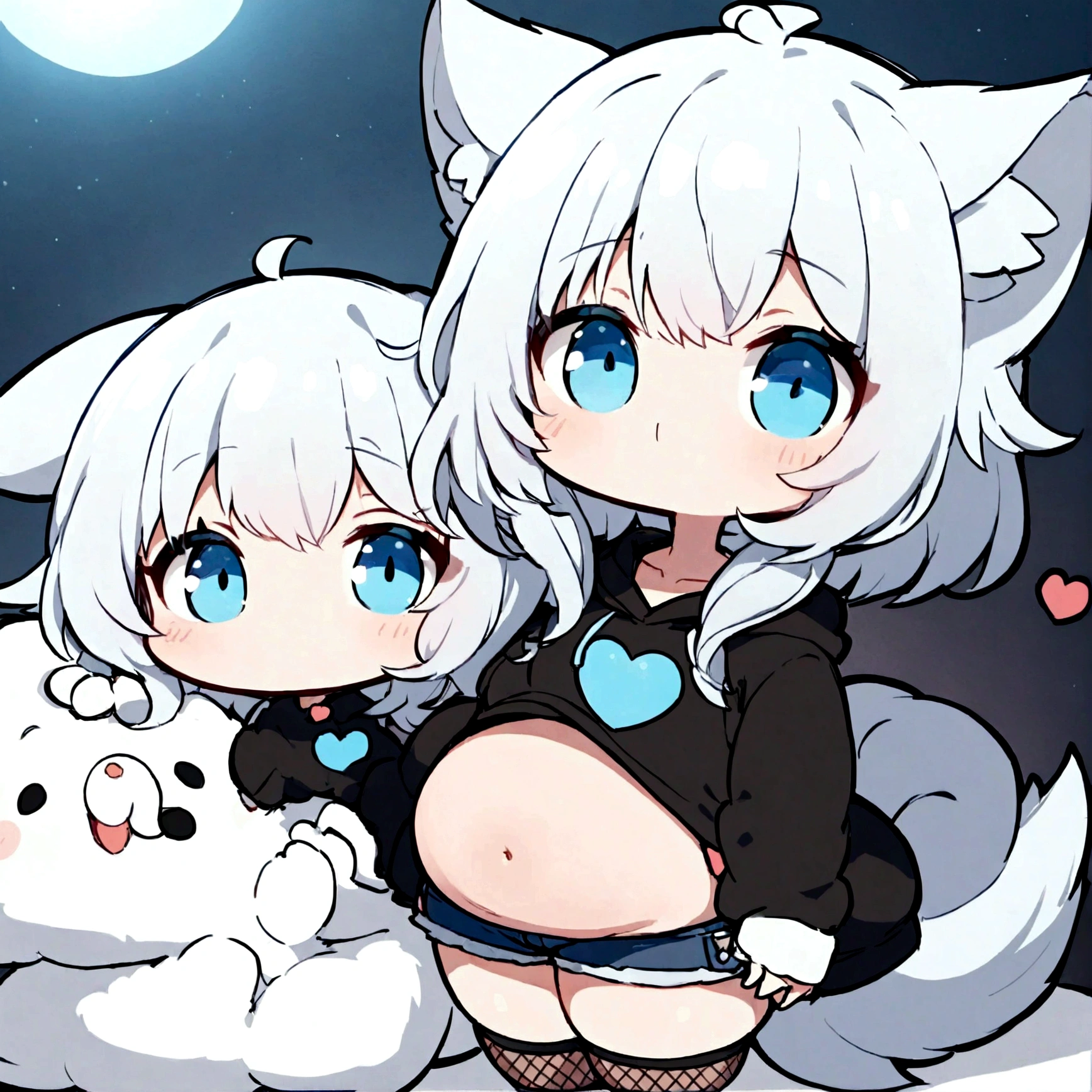 a cute chibi style adult male with wolf ears, white hair, has a wolf tail, wearing a loose cropped oversized black hoodie, wearing a pair of denim short shorts and fishnet stockings, thick thighs, wide hips, relaxing on mound of fluffy animal plushies, short, very slim, showing slender tummy, stretching out, heart on hoodie, squishy thighs, has glowing blue eyes