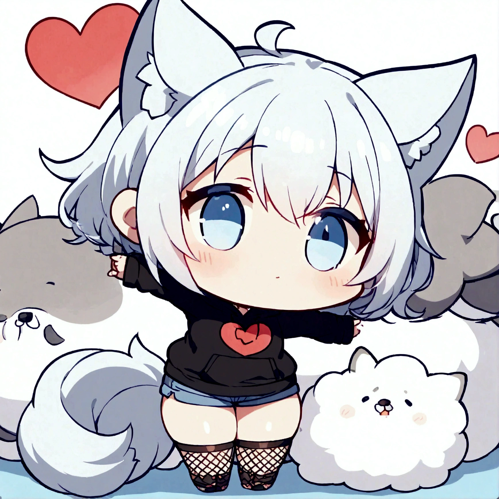 a cute chibi style adult male with wolf ears, white hair, has a wolf tail, wearing a loose cropped oversized black hoodie, wearing a pair of denim short shorts and fishnet stockings, thick thighs, wide hips, relaxing on mound of fluffy animal plushies, short, very slim, showing slender tummy, stretching out, heart on hoodie, squishy thighs, has glowing blue eyes