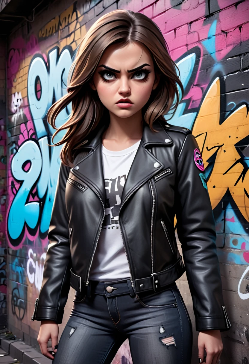 a mean girl, angry expression, glaring eyes, detailed face, long brown hair, heavy makeup, black leather jacket, skinny jeans, black boots, dark moody lighting, cinematic composition, dramatic shadows, desaturated colors, gritty urban environment, graffiti wall background, (best quality,4k,8k,highres,masterpiece:1.2),ultra-detailed,(realistic,photorealistic,photo-realistic:1.37)