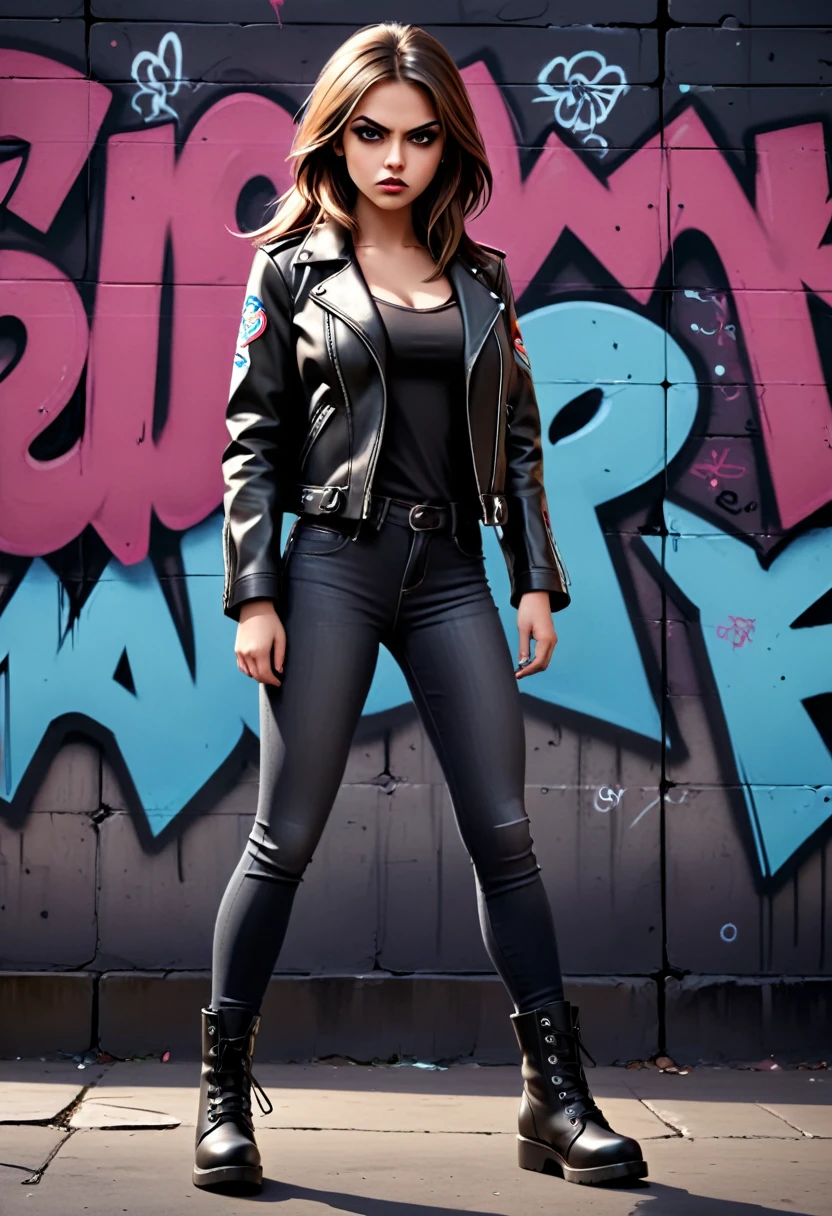 a mean girl, angry expression, glaring eyes, detailed face, long brown hair, heavy makeup, black leather jacket, skinny jeans, black boots, dark moody lighting, cinematic composition, dramatic shadows, desaturated colors, gritty urban environment, graffiti wall background, (best quality,4k,8k,highres,masterpiece:1.2),ultra-detailed,(realistic,photorealistic,photo-realistic:1.37)