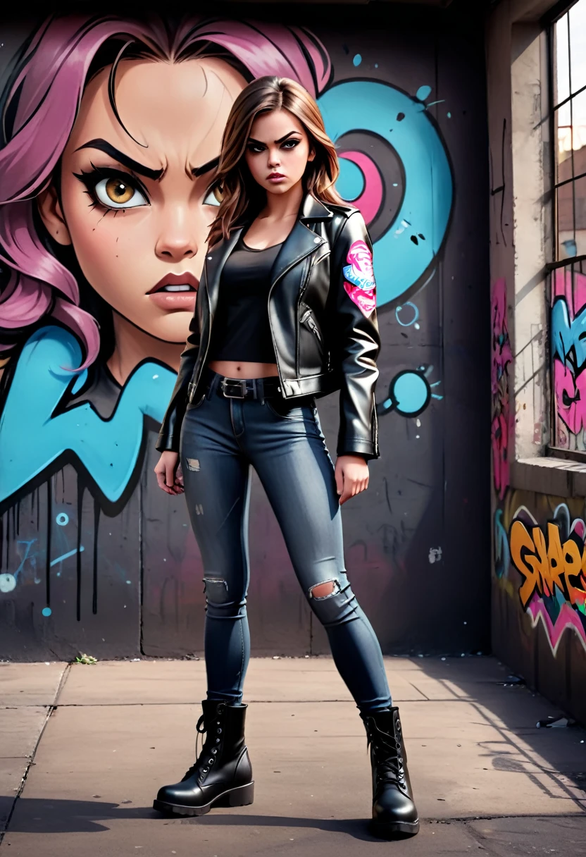 a mean girl, angry expression, glaring eyes, detailed face, long brown hair, heavy makeup, black leather jacket, skinny jeans, black boots, dark moody lighting, cinematic composition, dramatic shadows, desaturated colors, gritty urban environment, graffiti wall background, (best quality,4k,8k,highres,masterpiece:1.2),ultra-detailed,(realistic,photorealistic,photo-realistic:1.37)