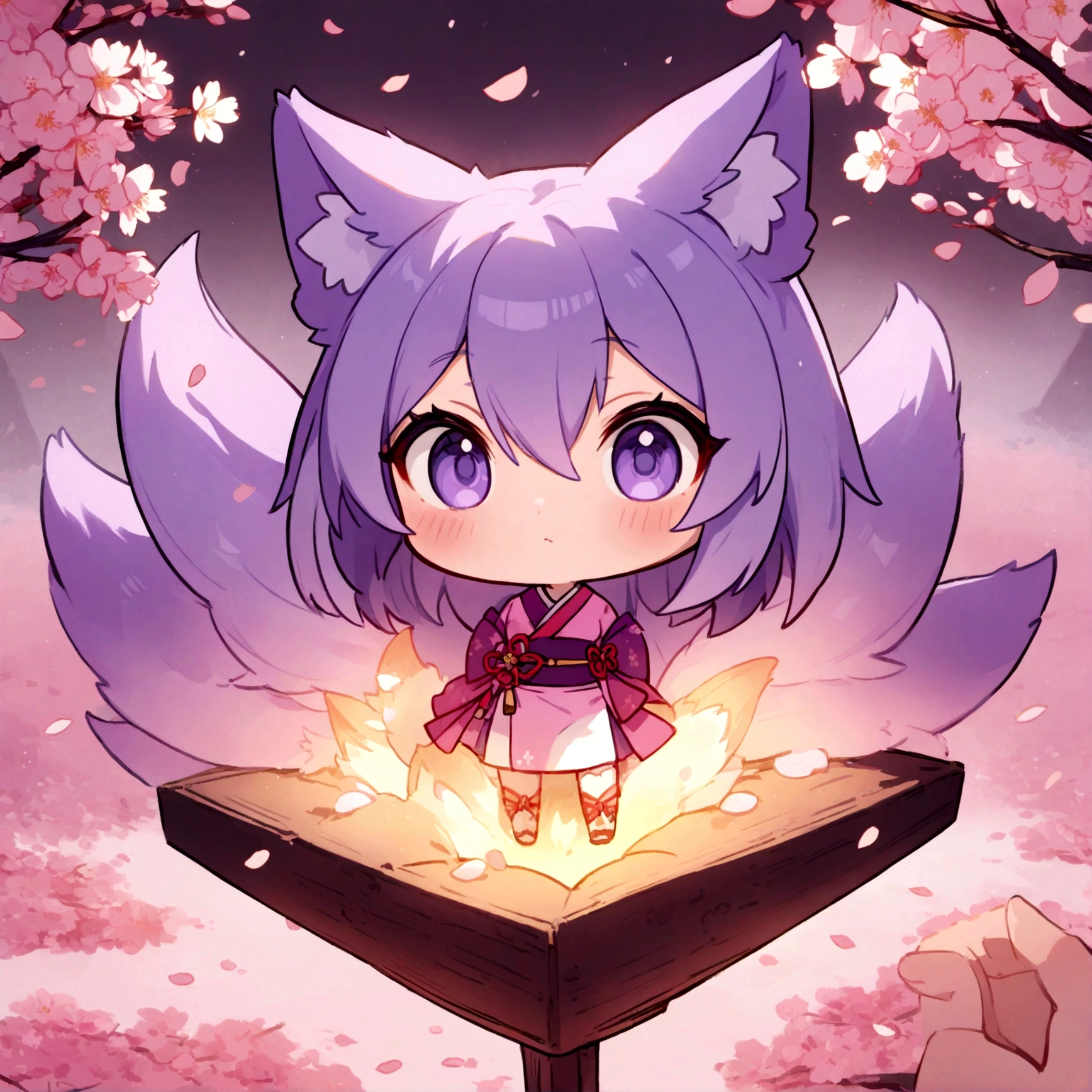 a cute chibi female fox girl with purple hair and multiple purple fox tails in a sakura kimono surrounded by cherry blossoms
