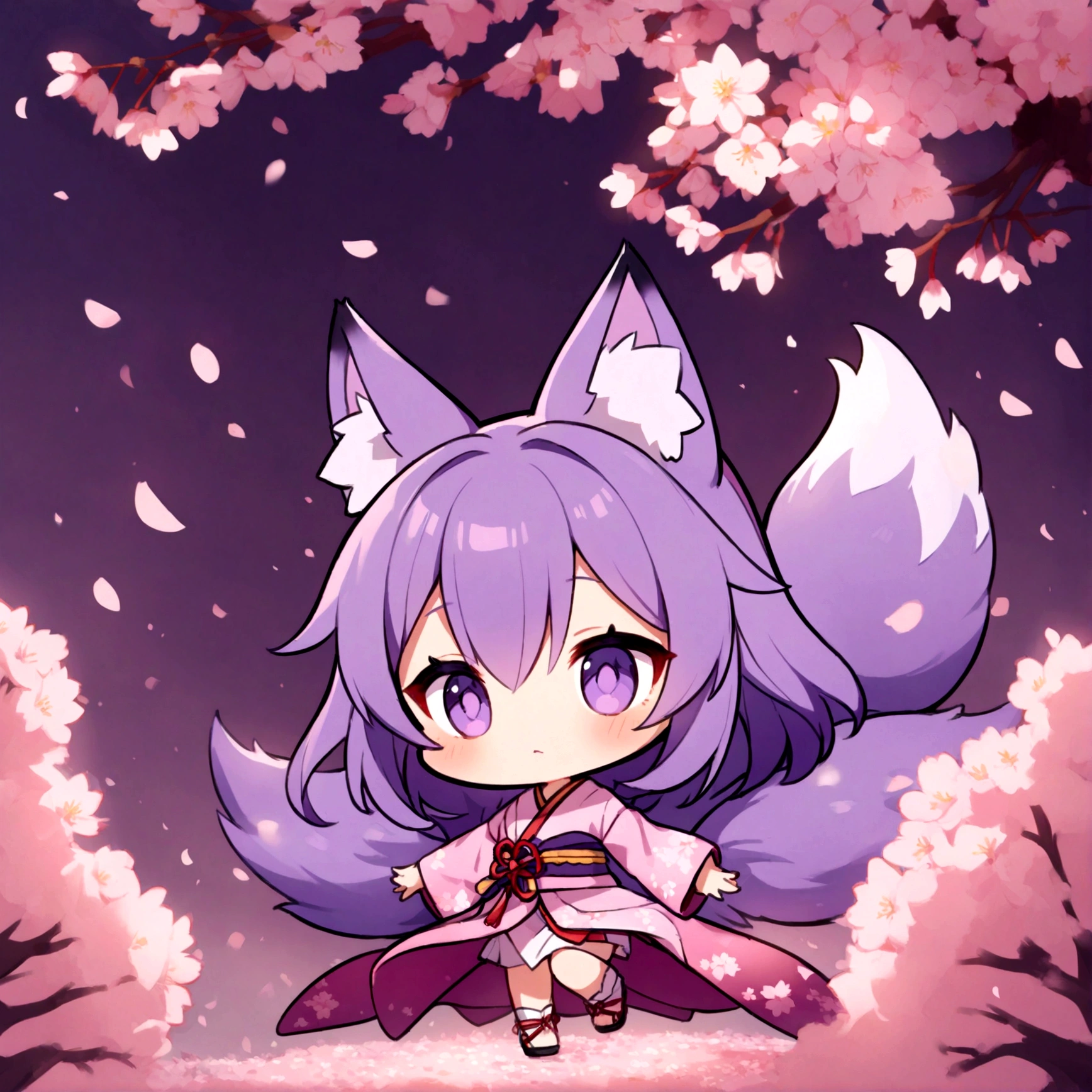 a cute chibi female fox girl with purple hair and multiple purple fox tails in a sakura kimono surrounded by cherry blossoms