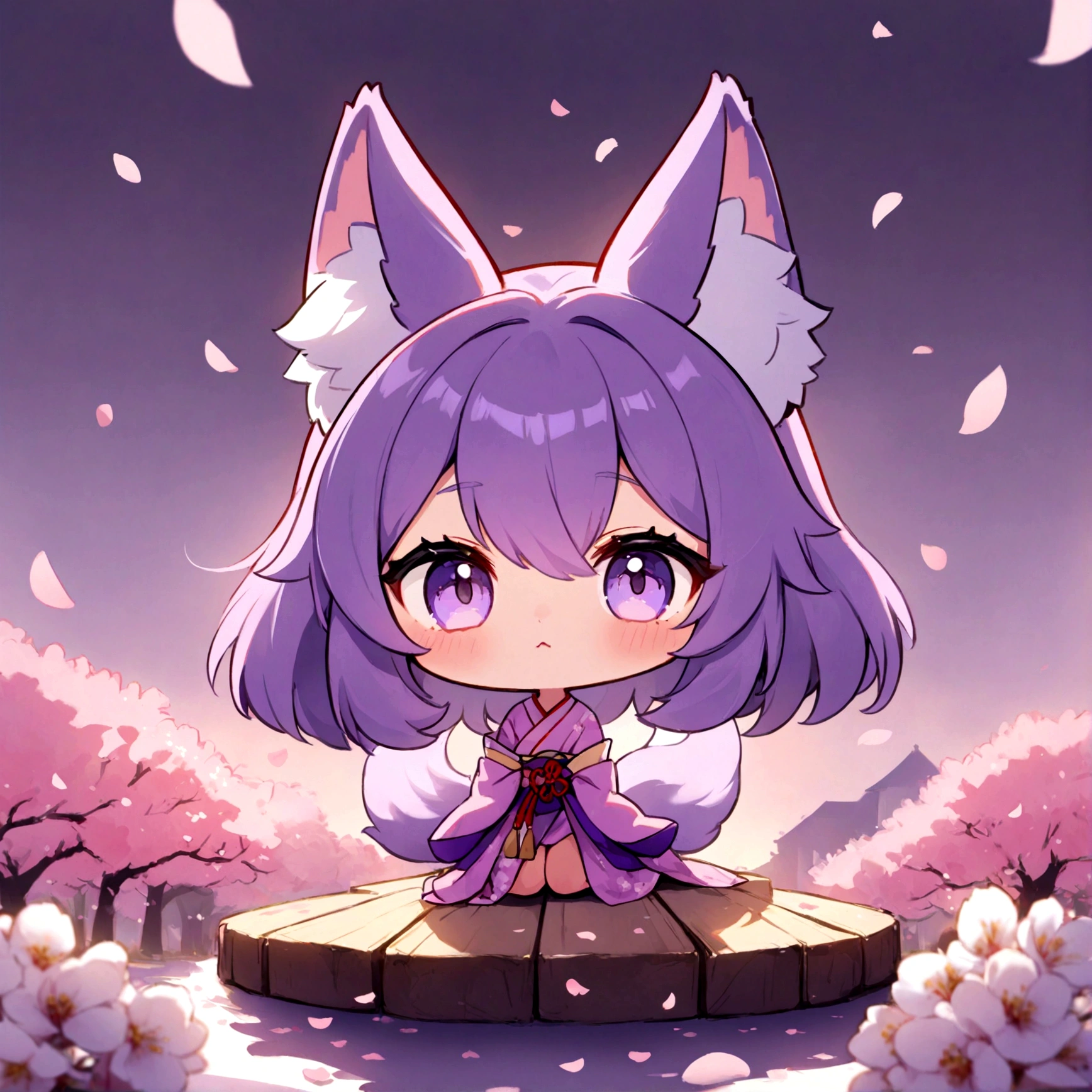 a cute chibi female fox girl with purple hair and multiple purple fox tails in a sakura kimono surrounded by cherry blossoms