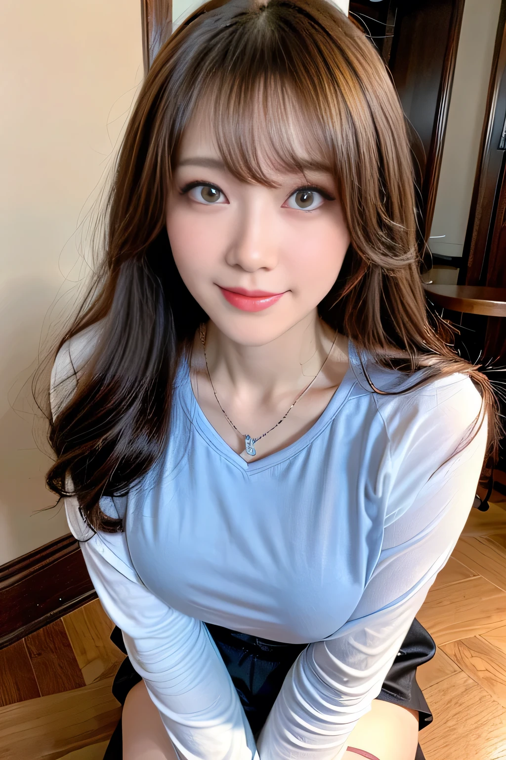 ((Full Body Angle))、overhead shot,((highest quality, 8K, masterpiece: 1.3)), concentrated: 1.2, Cute girl 1,Nipples erect、 Perfect beauty: 1.4,Cut and sewn T-shirt Raglan sleeve summer short sleeve T-shirt.Shorts: 1.2,Long sleeve、Randall Color、comics&Text Graphics、Black ruffle-trimmed drawstring zip blouse,1.1, Highly detailed face and skin textures, Fine grain, double eyelid, whitening skin, ,highest quality,Ultra-high resolution,you,1 girl,alone,_Shiny_skin,Iris,necklace,((Brown_length_Wavy_hair)),(lips)),eyelash,Front hair,deal with,compensate,Shiny,pore,skin texture,Large Breasts、smiling face、Front hair、
