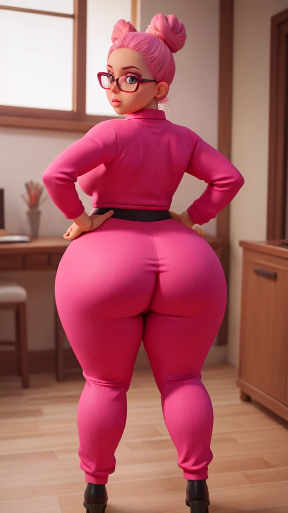 Sexy woman, short, glasses, pink hair bun, red tight jumpsuit, thick curvy body, big huge butt, fat cameltoe, tattoos