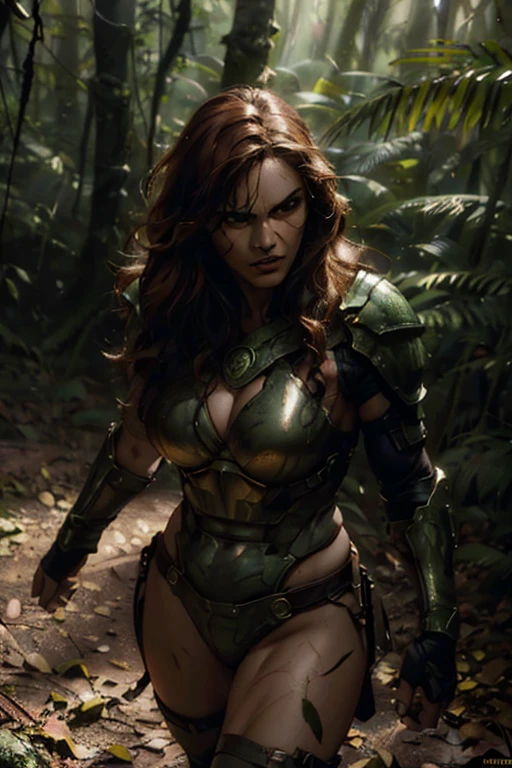 best quality,4k,8k,highres,masterpiece:1.2), ultra-detailed, (realistic,photorealistic,photo-realistic:1.37), HDR, UHD, studio lighting, extreme detail description, professional, vivid colors, bokeh, women's hero, brown curly hair, wearing real jungle leaves as armor, confident, heroic pose, vibrant background, greenery, dynamic action, intense expression, atmospheric lighting, surreal, bold strokes of paint, intense shadows and highlights, mysterious ambiance, epic scene, and lives in woods