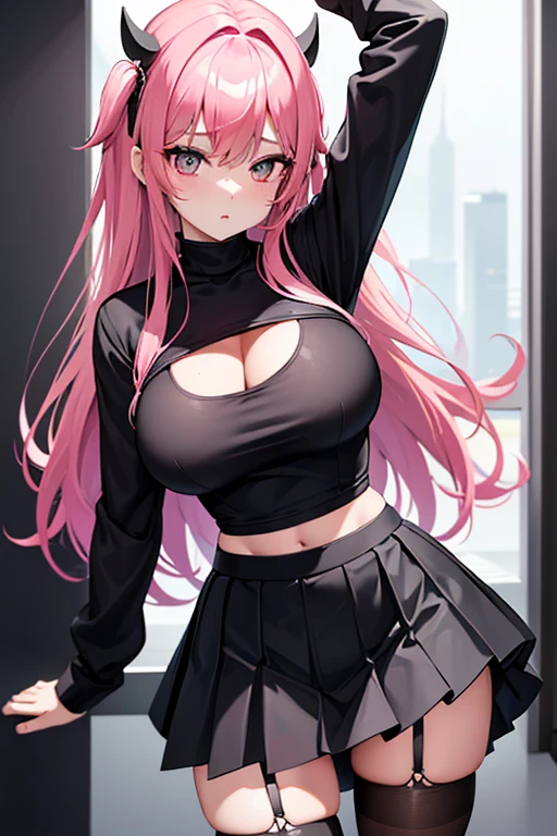 Sexy girl with pink hair, wearing a black top with a sweetheart cutout in the middle. She wears a black pleated miniskirt with white stripes and black stockings.
