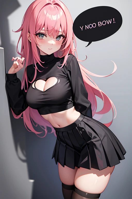 Sexy girl with pink hair, wearing a black top with a sweetheart cutout in the middle. She wears a black pleated miniskirt with white stripes and black stockings.
