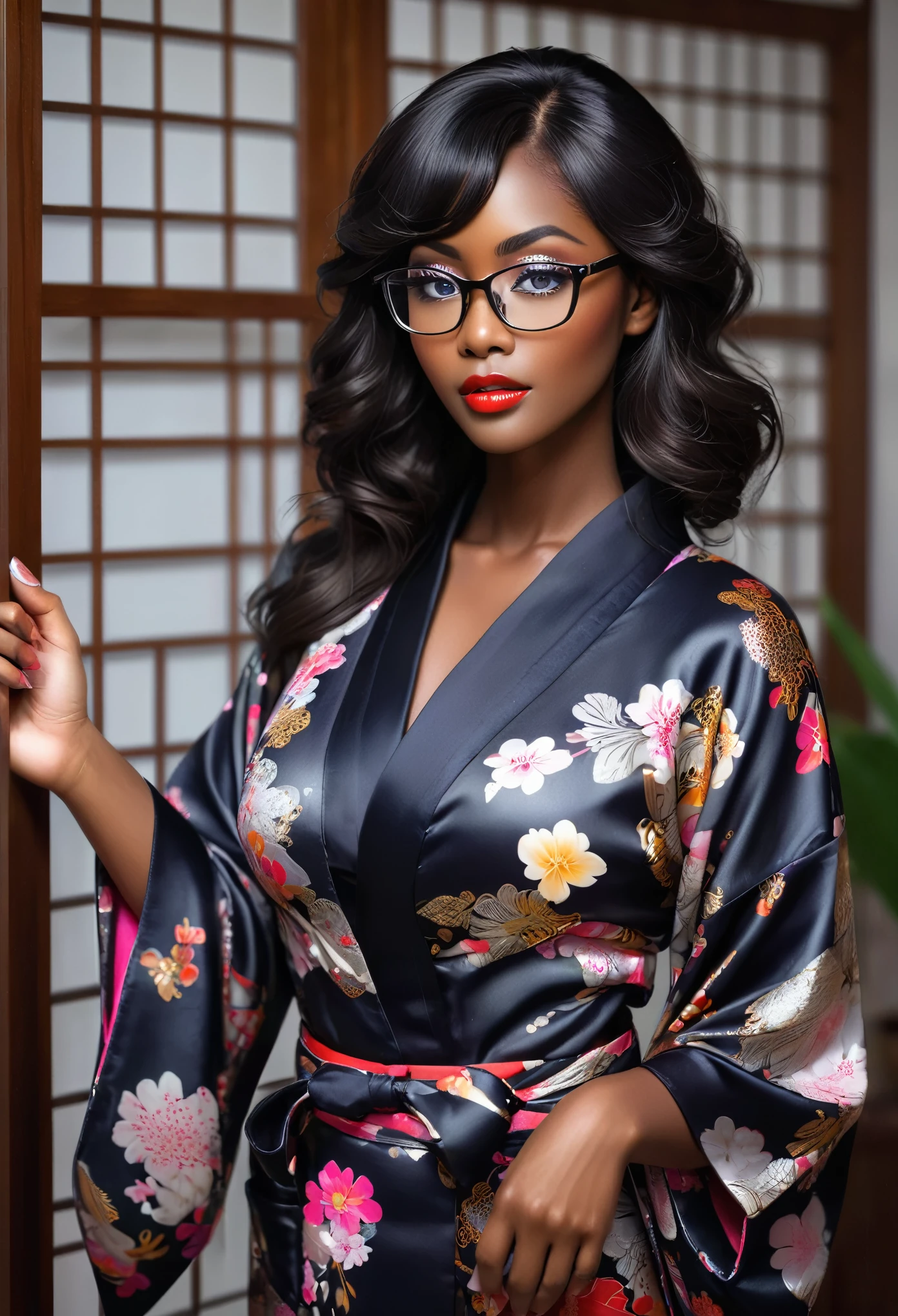 (masterpiece, best quality:1.2),Wavy hair female secretary，Solitary,Wear glasses，Exquisite eyes,Delicate black hair，Charming eye shadow( Black person:1.2)( dark skin:1.2)，african man,( Smooth skin:1.2)( Wear a kimono:1.2)， Slender body proportions，Wet sexy plump lips，Perfect fingers，Large Breasts