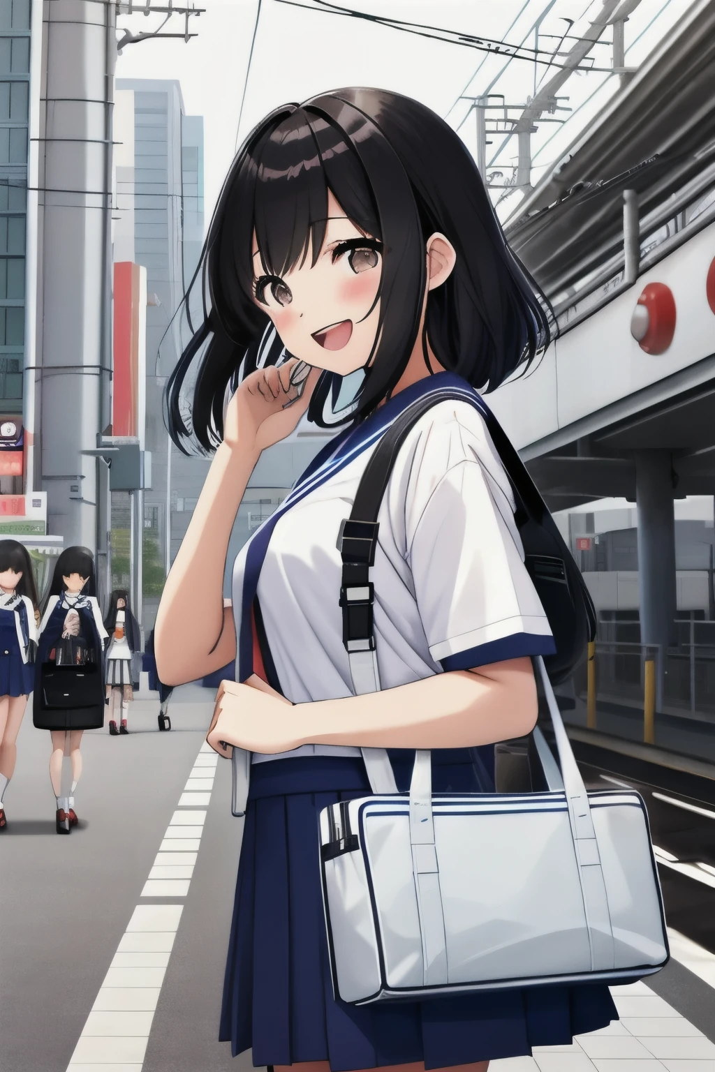 Japanese girl、Multiple girls、、14 years old、Black Hair、Dark Eyes、Big city station background、Ride the bullet train、White sailor suit uniform、Short sleeve、Navy blue mini skirt、Bring a travel bag、Laughing happily、