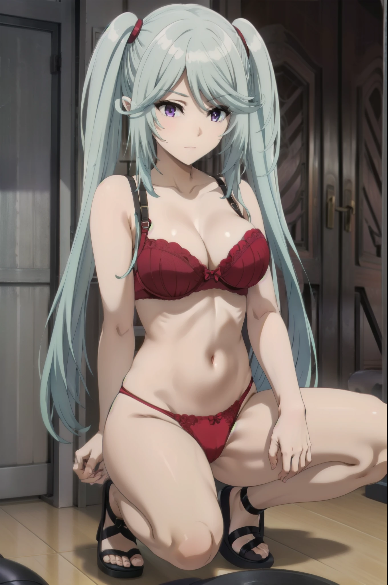 1girl, twintails, purple eyes, long hair, blue hair,((red bra,red underwear)),split legs,eager pet pose,squating