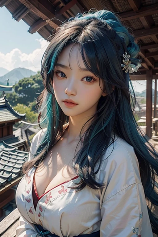 highest quality, masterpiece,whole body, (Realistic:1.2),1 detailed girl,Asia,sight,空を見るsight,Blue hair, Hair blowing in the wind,Flowing Hair,Beautiful breasts,wearing miko clothes,Dim light,blue Moon,On a tiled roof,Detailed background with depth,detailed dragon, Detailed face,Beautiful Face,Rin々A funny expression