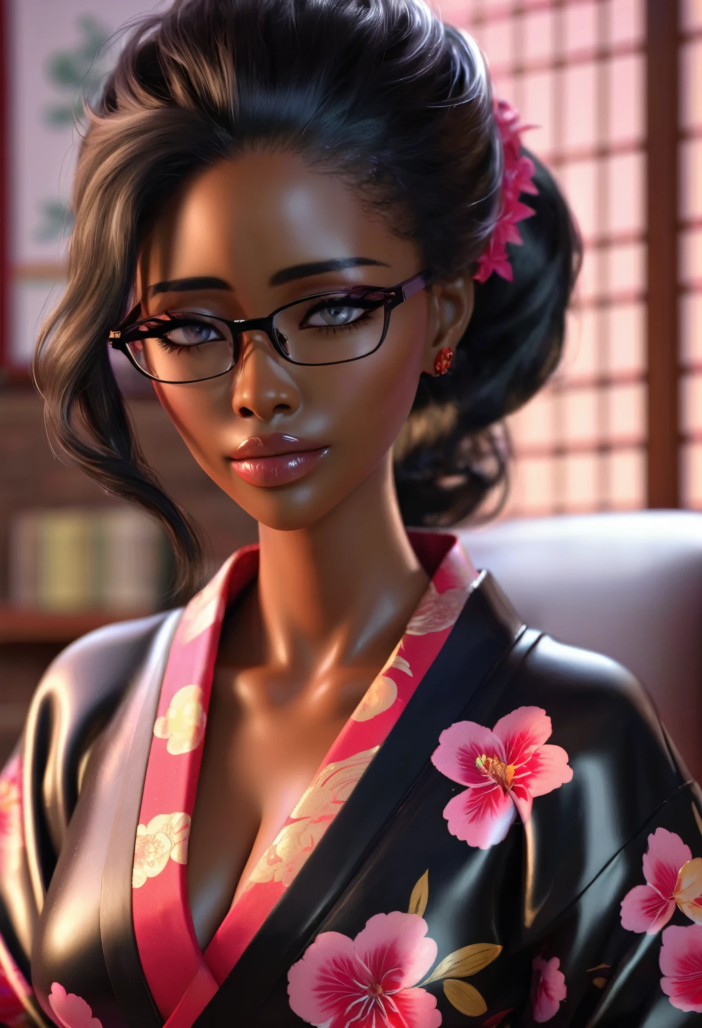 (masterpiece, best quality:1.2),Wavy hair female secretary，Solitary,Wear glasses，Exquisite eyes,Delicate black hair，Charming eye shadow( Black person:1.2)( dark skin:1.2)，african man,( Smooth skin:1.2)( Wear a kimono:1.2)， Slender body proportions，Wet sexy plump lips，Perfect fingers