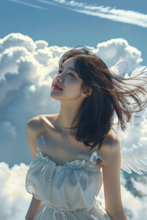 best quality, masterpiece, illustration, realistic, photo-realistic, amazing, in detail, incredibly absurd, huge file size, very detailed, mackerel, very detailed CG Unity 8k 벽지, NSFW, A Korean girl with an angelic appearance is floating in the sky above the clouds. she is smiling peacefully, And her long, Flowing hair blows in the wind. She is wearing simple clothes, White, Strapless minidress accentuates her curves. Viewer is looking up at her from below., admire her beauty.