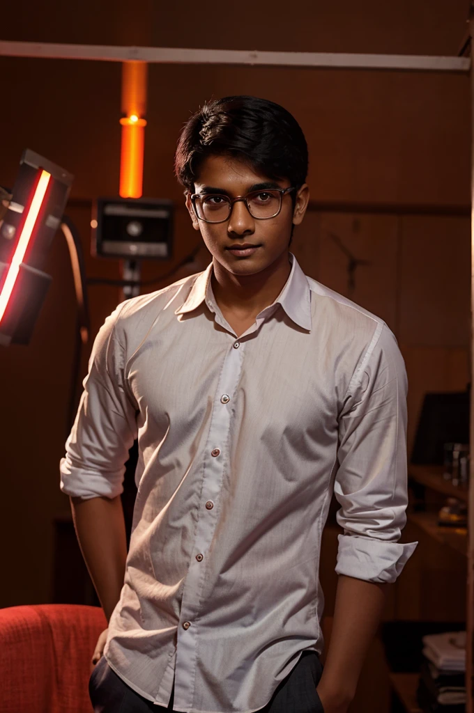 18 year old indian boy With fair skin ovel face Wearing spectacles and narrow body Posing for a linkedin picture in formals red light in background