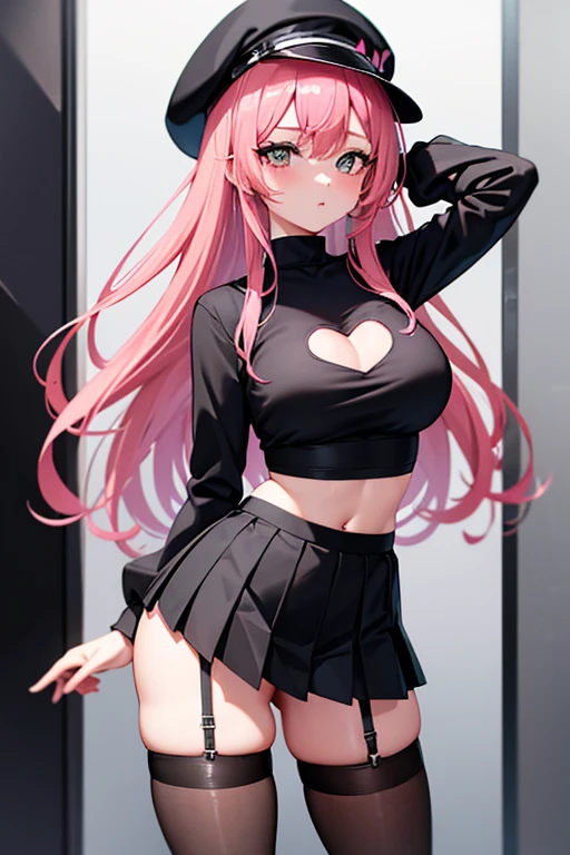 Sexy girl with pink hair, wearing a black top with a sweetheart cutout in the middle. She wears a black pleated miniskirt with white stripes and black stockings.
