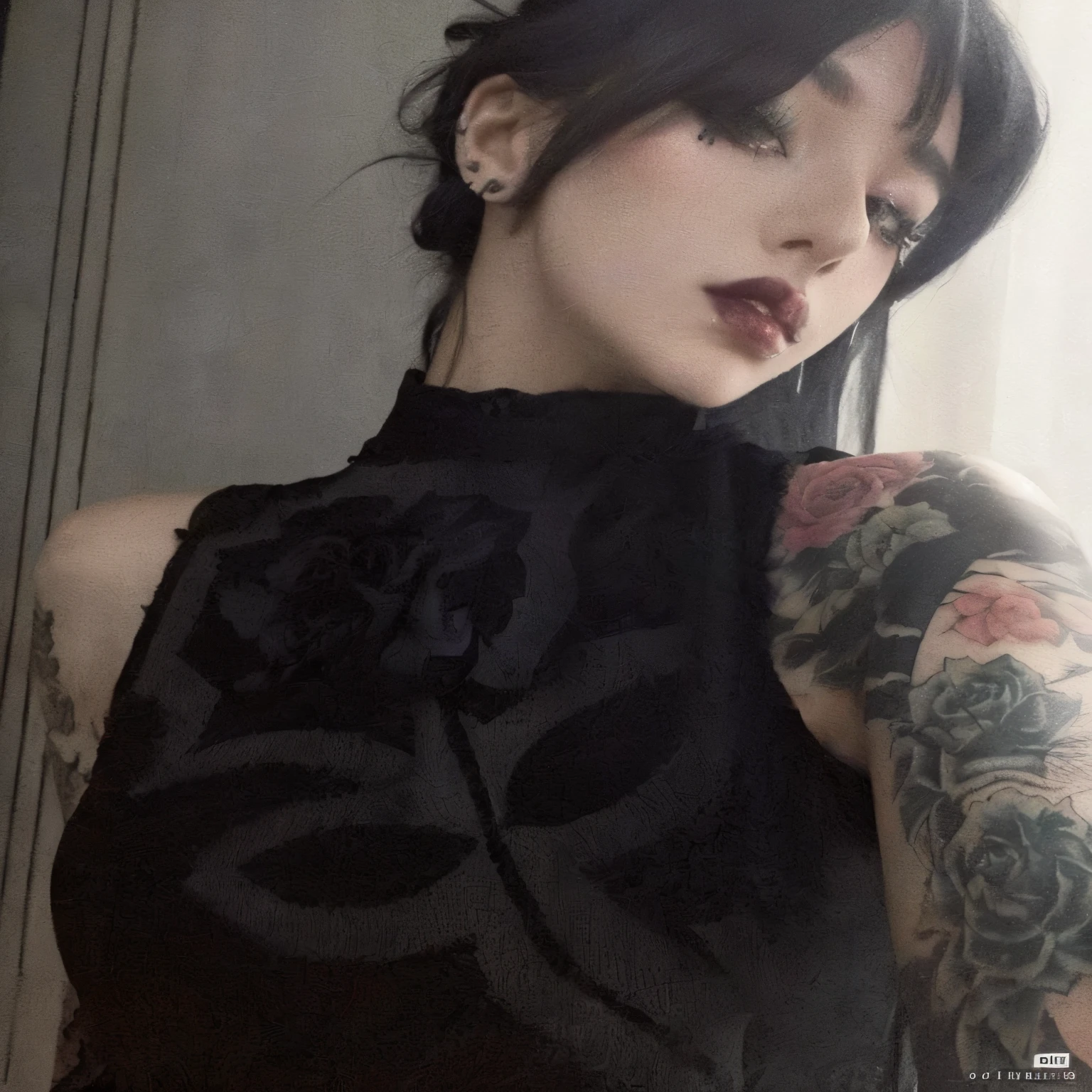Mulher com tatuagens e um top preto posando para uma foto, pale gothic beauty, she is the queen of black roses, goth girl aesthetic, 1 7 Year Old Goth Anime Girl, cruel korean goth girl, gothic aesthetic, 1 7 year old goth girl, amoranto, darkwave gothic aesthetic, young beautiful amoranto