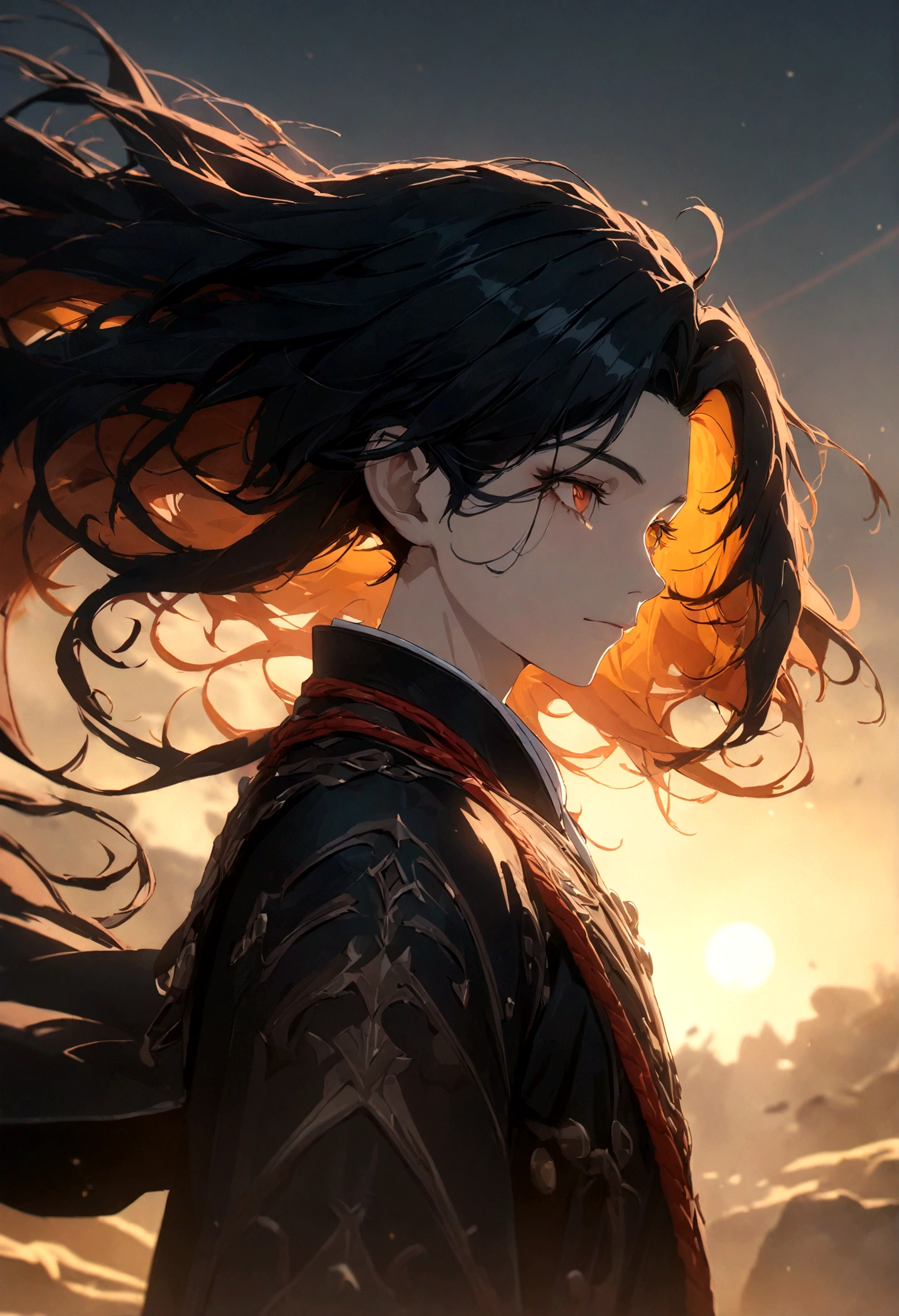 ((solo)), dark orange eyes, black hair, very long messy hair, dark orange colored inner, thin body, hair a close up of a person with a sword in a desolate land detailed key anime art, honkai star trail character, casimir art, masamune shiro, masamune, handsome guy in demon slayer art, genshin, heise jinyao, shadowverse style, (no logos), eclipse, black powers, twilight scenery, detailed clothes, eye reflection, depth of field, cinematic lighting, ray tracing, depth of field, cinematic lighting, ray tracing, UHD, high details, best quality, highres, high quality, award winning, super detail, masterpiece, 8k, UHD, high details, best quality, highres, high quality, award winning, super detail, masterpiece, 8k
