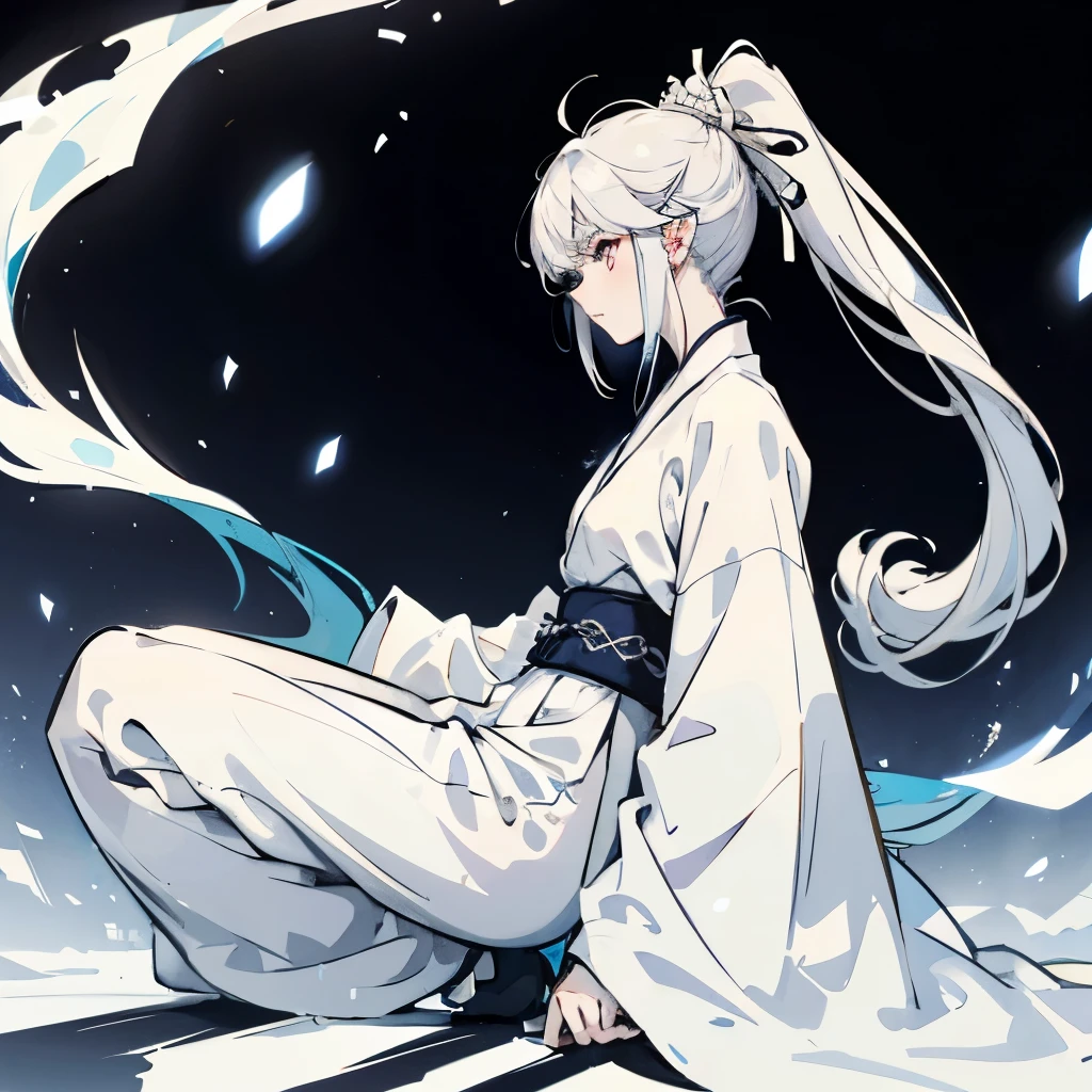 cool girl,Hanfu,pants, White costume robe,High ponytail,white color hair,Long flowing hair,Cold,Pale color background,Sense of brokenness