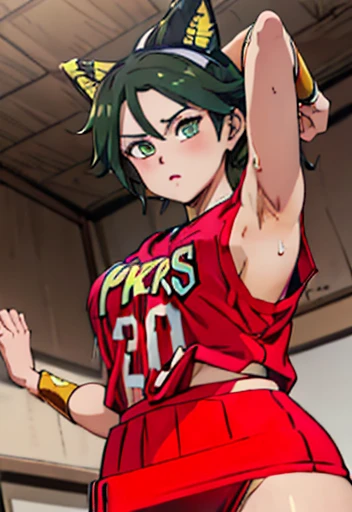 a close up of a person wearing a basketball uniform, a picture, inspired by Kentaro Miura, trending on pixiv, Shinobu Kochou, Demon Slayer, Kimetsu no Yaiba, wearing yellow nba jersey, yellow croptop nba jersey, wearing a low cut croptop, wearing croptop, croptop, written "Lakers" on the croptop, golden raito, (winking), shirobako, large)}], favorite scene, fine details. anime. skins, sweating, big breasts, both hands raised, armpits, armpits visible, dripping with sweat, more more sweat, sweaty armpits
