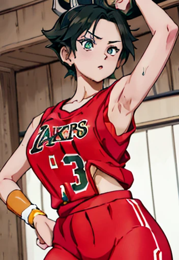 a close up of a person wearing a basketball uniform, a picture, inspired by Kentaro Miura, trending on pixiv, Shinobu Kochou, Demon Slayer, Kimetsu no Yaiba, wearing yellow nba jersey, yellow croptop nba jersey, wearing a low cut croptop, wearing croptop, croptop, written "Lakers" on the croptop, golden raito, (winking), shirobako, large)}], favorite scene, fine details. anime. skins, sweating, big breasts, both hands raised, armpits, armpits visible, dripping with sweat, more more sweat, sweaty armpits