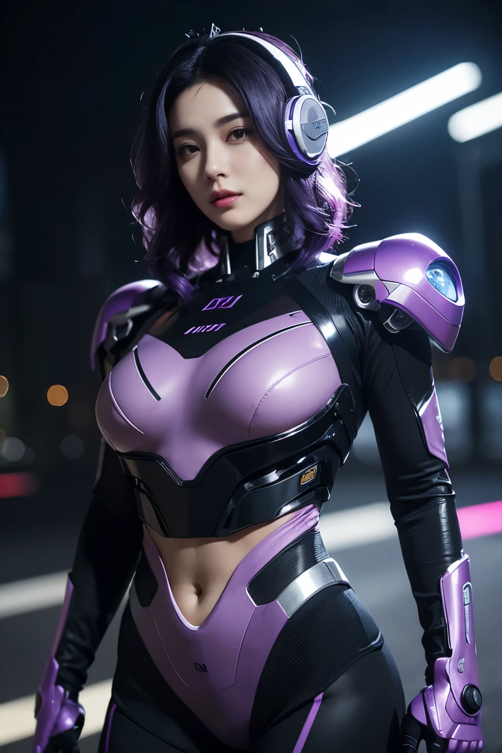 a beautiful woman with short wavy black and purple hair, futuristic headphone, plump body, exposed abs, wearing a crop futuristic mecha suit, in a night scene with bokeh lighting effects, highly detailed, photorealistic, 8k, cinematic lighting, dramatic colors, intricate machinery, detailed textures