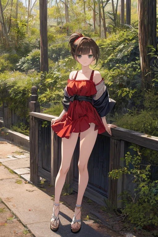 (masterpiece:1.2, top-quality), (realistic, photorealistic:1.4), beautiful illustration, (natural side lighting, movie lighting), (face focus,full body, from below),a girl, japanese, high school girl, perfect face, perfect body, cute and symmetrical face, shiny skin, babyface,(shhair:1.6), (low ponytail:1.6), long sideburns, light brown hair), asymmetrical bangs, dark blue eyes, big eyes, drooping eyes, (small breasts, posed cleavage,seductive thighs, big ass), beautiful hair, beautiful face, beautiful detailed eyes, beautiful clavicle, beautiful body, beautiful chest, beautiful thigh, beautiful legs, beautiful fingers, (off-shoulder red dress:1.3), (sleeveless black:1.1),( brown tight mini skirt), emerald green hair ribbon), (beautiful scenery), morning, (street), standing, upper eyes, (with sparkling eyes and a contagious smile:1.2),looking at Viewer