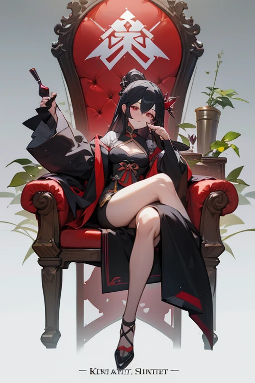 Woman sitting on a chair holding a wine glass, Concept Art：Jan J, Pixiv, shin hanga, Kschaert Krentz Key Art Feminine, Full Body Shanxia, Anime female full body art, From Girls Frontline, Krentz Kuschaert and Artgerm, onmyoji detailed art, Black-haired wizard