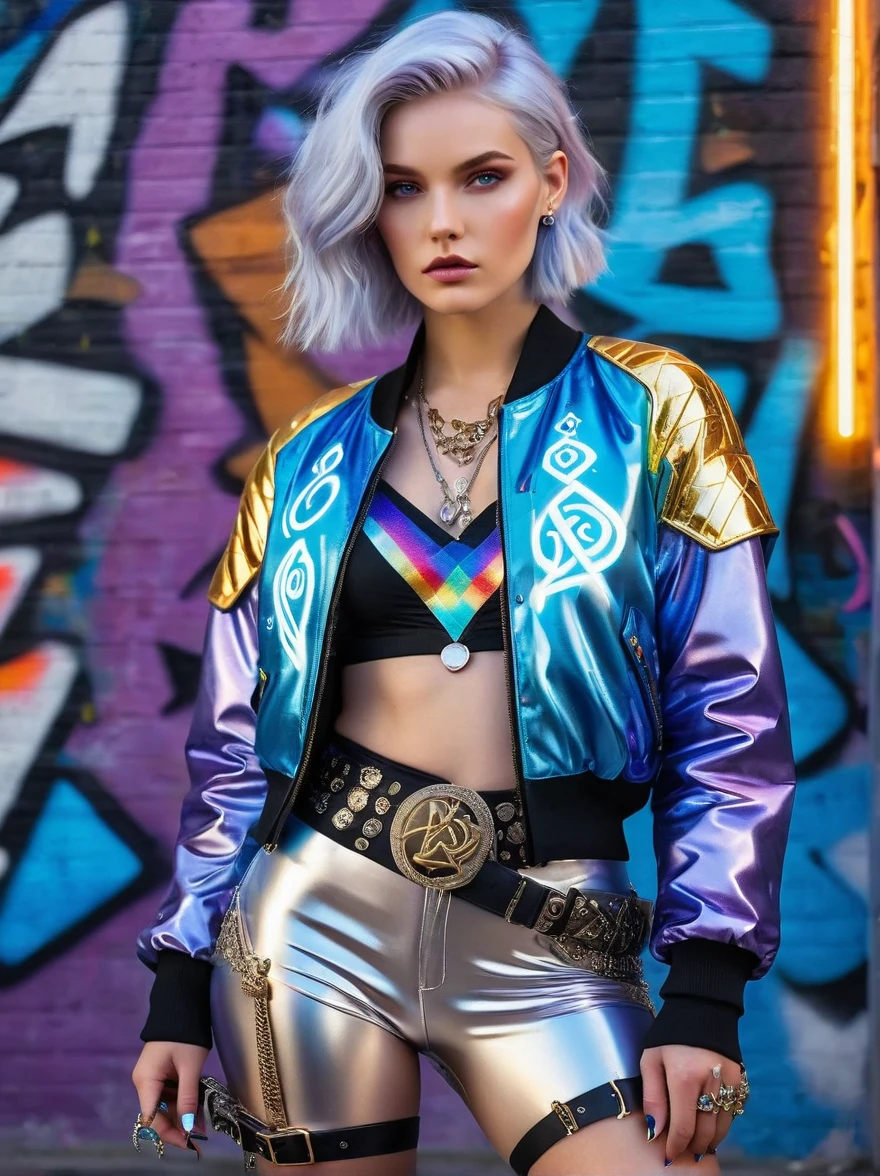 Rebellious European Girl,Silver hair,Blue luster,Violet eyes,Street style,Fantasy elements,Rainbow fabric,Bodysuit,Gold pattern,Ancient runes,Holographic bomber jacket,Metal nails,Gemstone pattern,thigh-high boots,Metallic silver,Glowing blue decoration,Mystic Potion,amulet,belt,Fingerless gloves,Glowing Rune,Necklace,Glowing crystal pendant,Holographic backpack,Mysterious symbols,Combination of tradition and fantasy,Unique temperament,Anatomically correct,Textured Skin,Standing in front of a graffiti style background,Add whimsy to the scene,To enhance the sharpness and modernity of the scene,Sharp lines,Bold brushstroke numbers