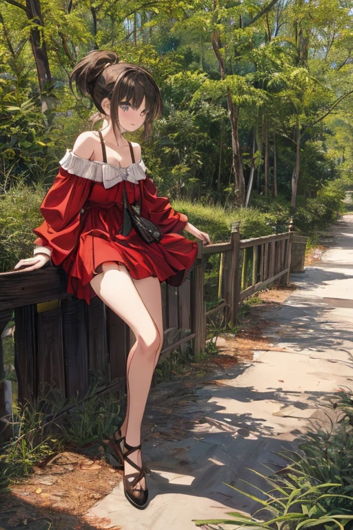 (masterpiece:1.2, top-quality), (realistic, photorealistic:1.4), beautiful illustration, (natural side lighting, movie lighting), (face focus,full body, from below),a 17 years old girl, japanese, high school girl, perfect face, perfect body, cute and symmetrical face, shiny skin, babyface,(short hair:1.6), (low ponytail:1.6), long sideburns, light brown hair), asymmetrical bangs, dark blue eyes, big eyes, drooping eyes, (small breasts, posed cleavage,seductive thighs, big ass), beautiful hair, beautiful face, beautiful detailed eyes, beautiful clavicle, beautiful body, beautiful chest, beautiful thigh, beautiful legs, beautiful fingers, (off-shoulder red dress:1.3), (sleeveless black:1.1),( brown tight mini skirt), emerald green hair ribbon), (beautiful scenery), morning, (street), standing, upper eyes, (with sparkling eyes and a contagious smile:1.2),looking at Viewer