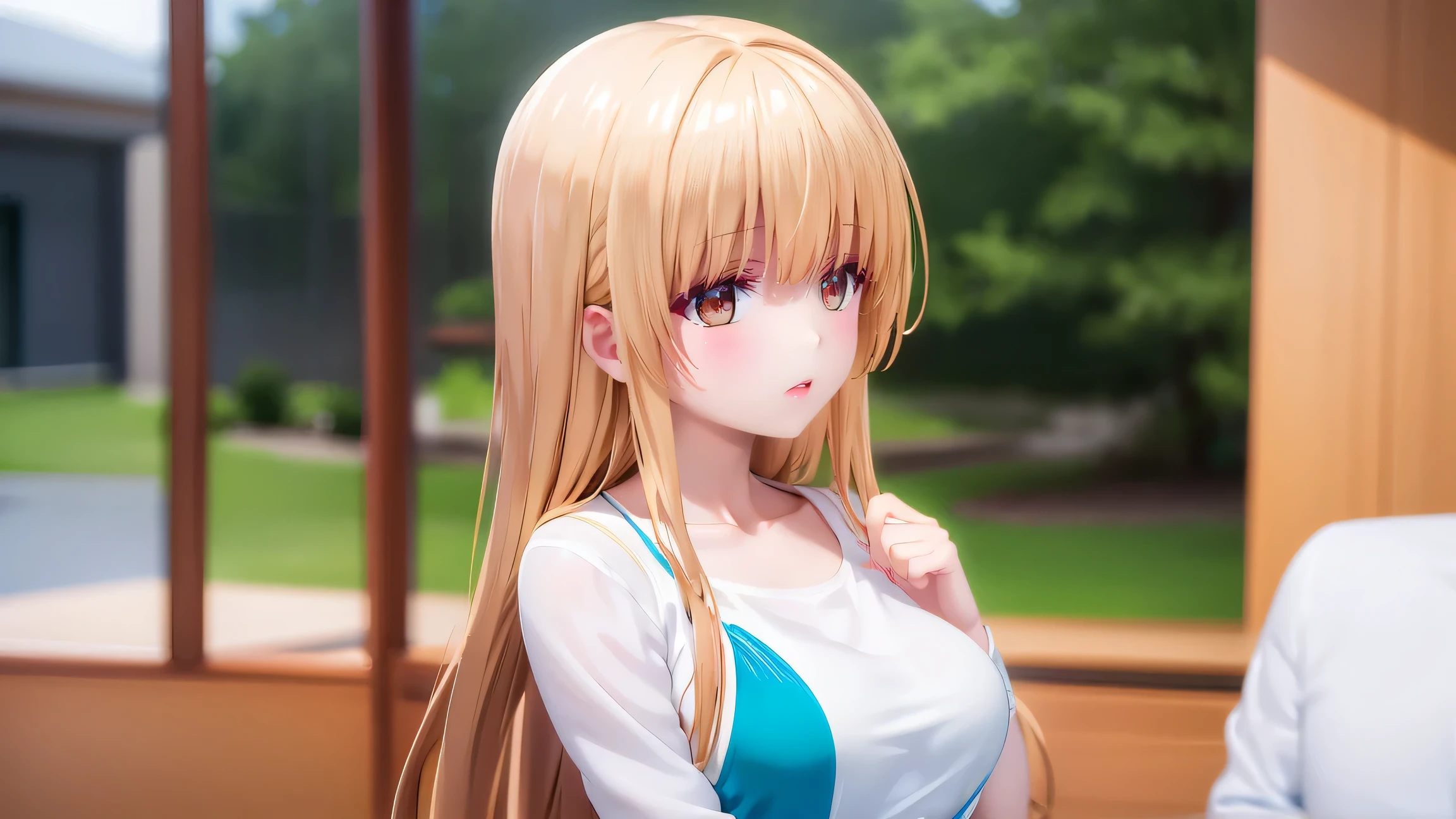 Mahiru shiina,Mayuchina、Good looking girl (blush, Perfect Face), independent , Looking into the camera, masterpiece, Anime art style, Cute Characters, Most detailed, high quality、Nico Nico Smile、There are highlights in the eyes、Normal chest、The whole body is visible、blonde、Long Hair、Yellow Eyes、Swimwear、sexy