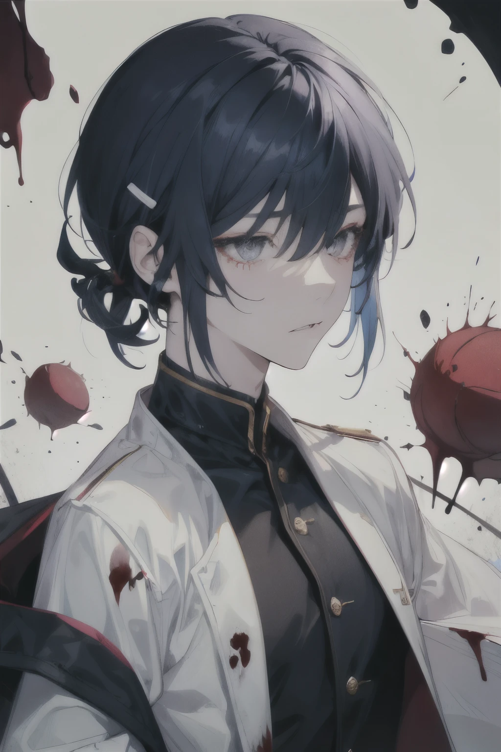 navy color hair, shinning white eyes, blood, short hair style, boy, dark