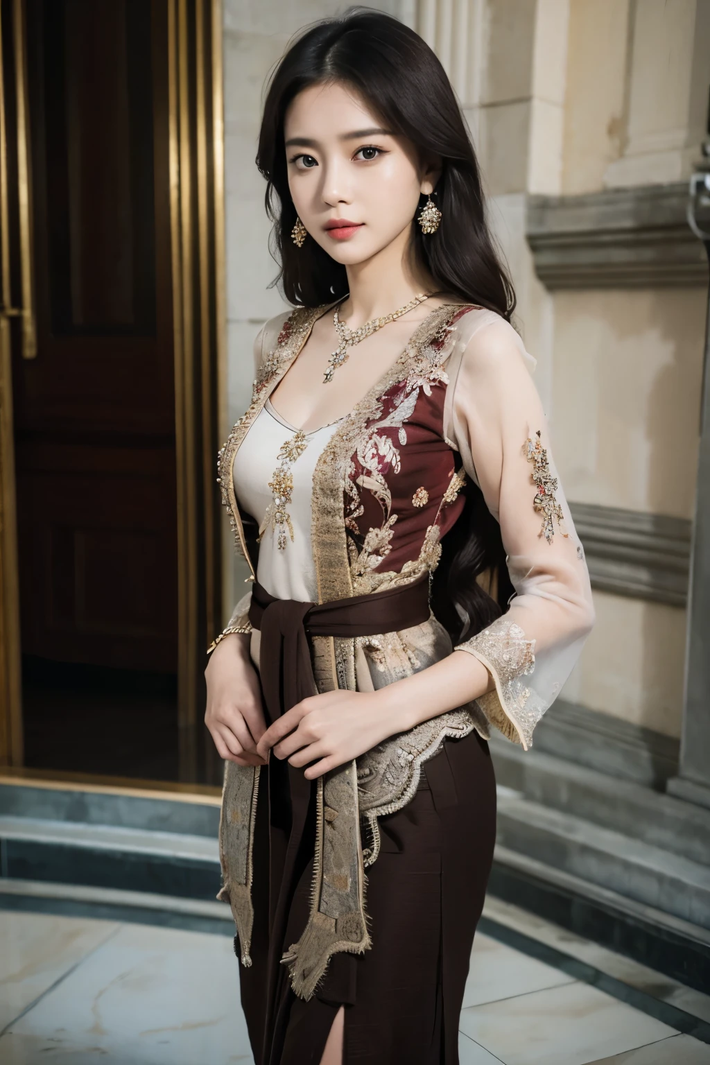 Masterpiece, hd, 1girl, 175cm, realistic, kebaya , very wet skin, facial expression, 23 years old, soft body, black hair, wavy hair,whole body, hair reaches waist, whole body,((head to leg)), black bracelets, black chain,((wearing brown Kebaya)), floral pattern long skirt, large earrings,close-up, 8k, RAW photo, best quality, masterpiece,realistic, elegant standing pose, photo-realistic,seductive,cute,royal palace background, rchelcia, looking into viewer, wearing red backpack, (backpack:1.1)
