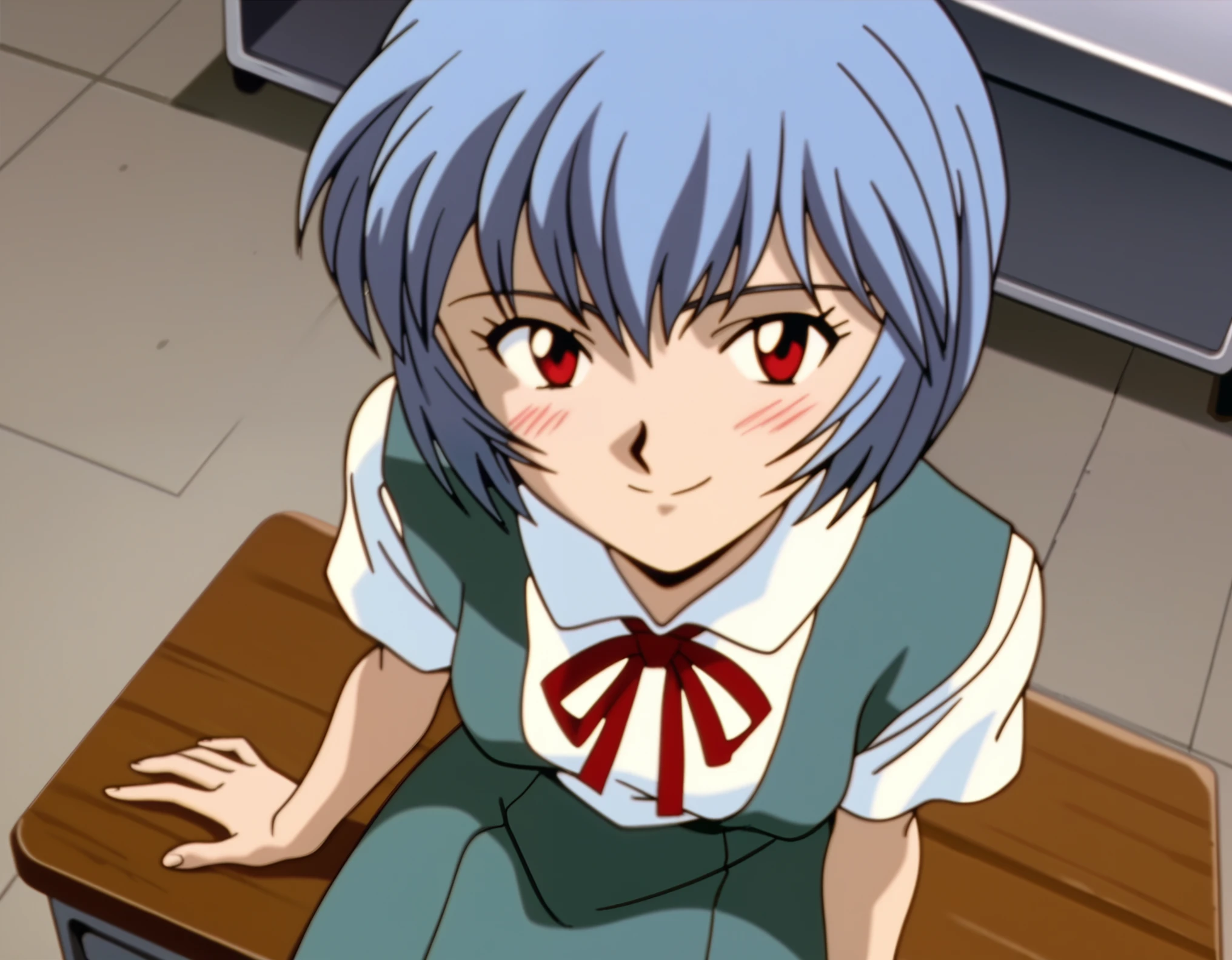 1990s (style), retro artstyle, film grain, source_anime,extreme detail,cinematic lighting, sharp, score_10, score_9, score_8_up,consistent background,(anime screencap),flat shadows, reiayanami, rei ayanami, ayanami rei, blue hair, short hair, red eyes, skirt, shirt, ribbon, , white shirt, short sleeves, red ribbon, neck ribbon, tokyo-3 middle , sitting at school desk, looking up at viewer, smile, half-closed eyes, blush,indoors, scifi, metal walls, cowboy shot, looking at viewer, solo, dutch angle,