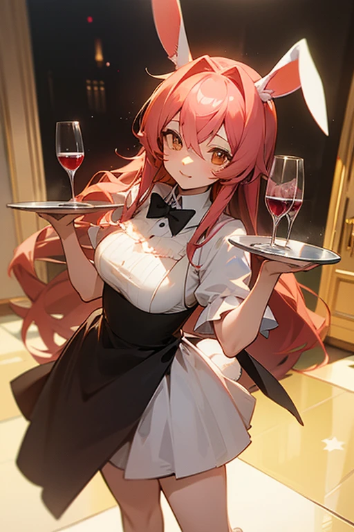 An anime character with rabbit ears、holding a tray with two wine glasses, from Girls&#39; Frontline, Fine details. Girls&#39; Frontline, black, Bunny girl, Azur Lane Characters, From the Azur Lane video game, Enchanting anime girl, Girls&#39; Frontline cg, Azur Lane Style, hanayamata, black髪の魔法使い, From Arknights, Full body illustration