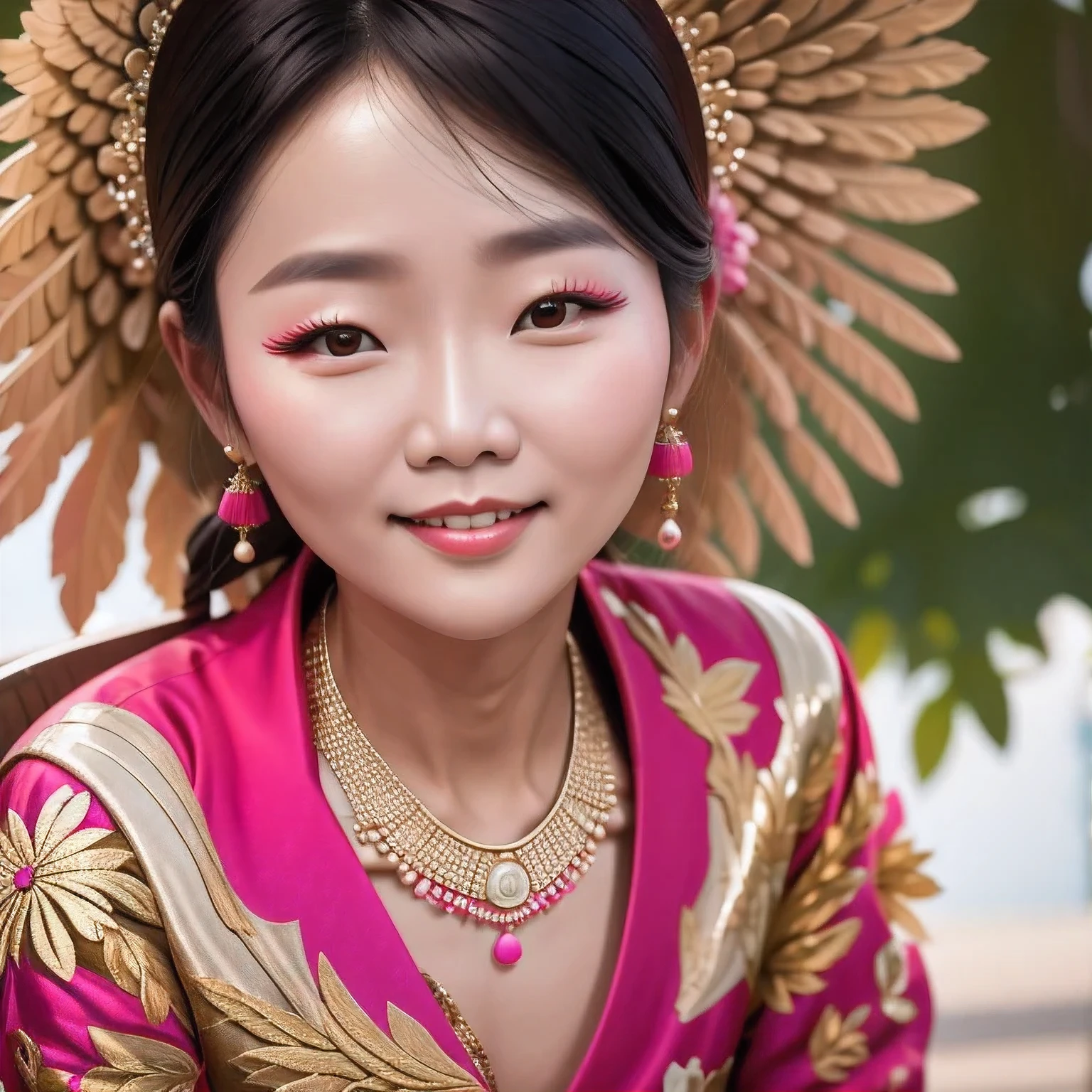 smiling woman with a pink shirt and a gold necklace, 38 years old, wearing several pendants, 8k selfie photograph, 3 6 years old, sangsoo jeong, jiyun chae, (38 years old), inspired by Kim Jeong-hui, without makeup, an asian woman, korean woman, kwak ji young, south east asian with round face，（（（Mean 1 Girls）））Linen future spacesuit