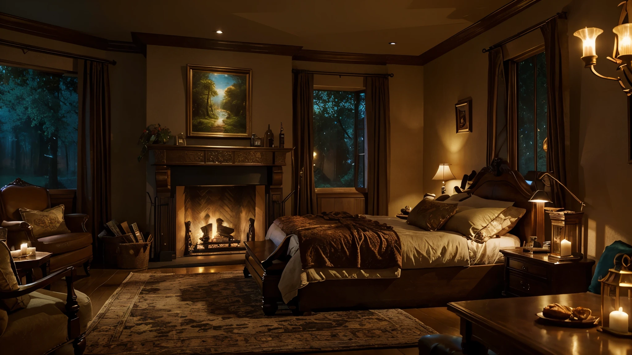A richly decorated bedroom (maximalist style) with a crackling fireplace. This is a high-quality digital rendering by a senior artist on Shutterstock. The scene is both cozy and enchanting, reminiscent of a Thomas Kinkade painting. A large window reveals a breathtaking night forest view. The overall atmosphere is warm, inviting, and utterly peaceful. This is a masterpiece of digital art.