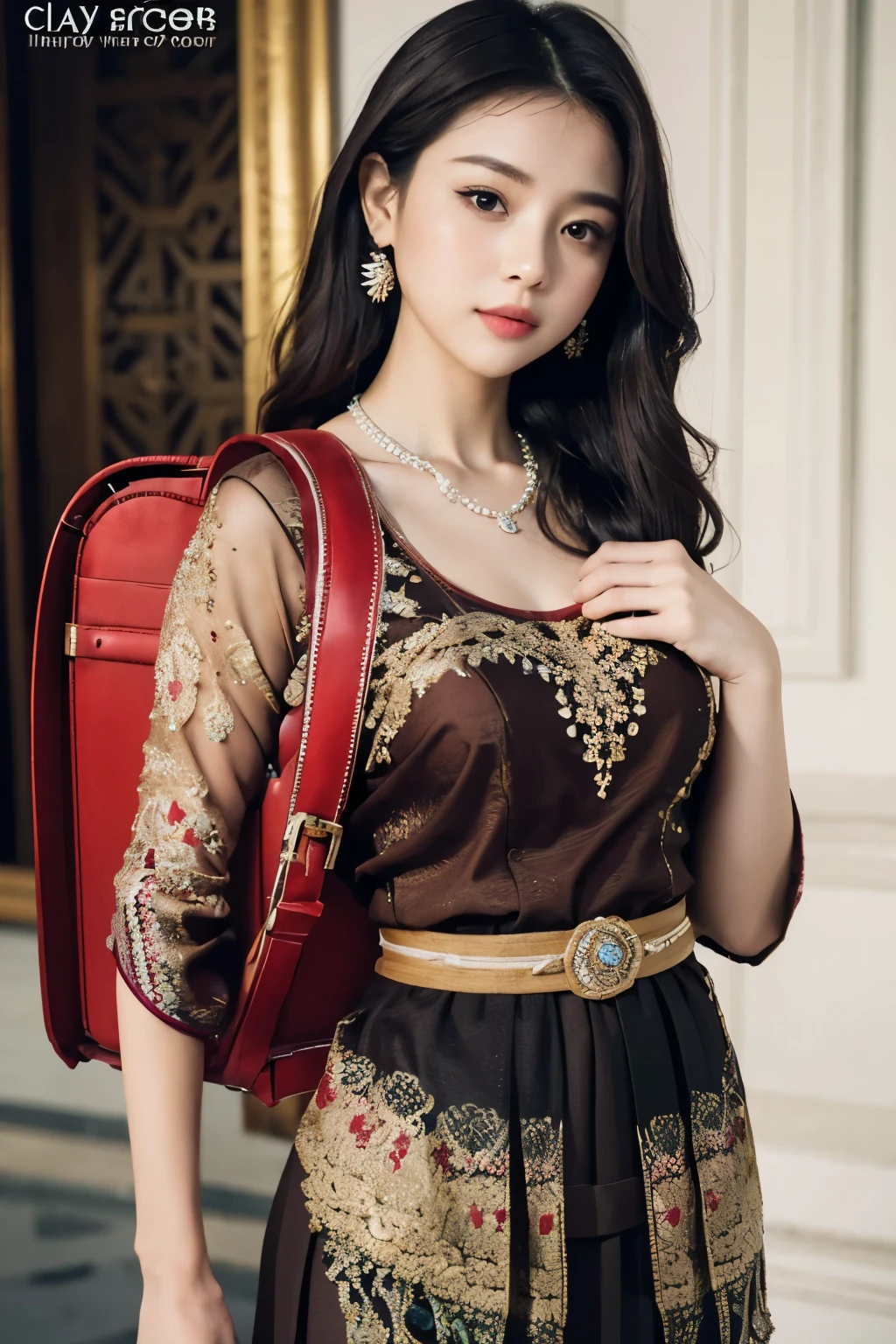 Masterpiece, hd, 1girl, 175cm, realistic, kebaya , very wet skin, facial expression, 23 years old, soft body, black hair, wavy hair,whole body, hair reaches waist, whole body,((head to leg)), black bracelets, black chain,((wearing brown Kebaya)), floral pattern long skirt, large earrings,close-up, 8k, RAW photo, best quality, masterpiece,realistic, elegant standing pose, photo-realistic,seductive,cute,royal palace background, rchelcia, looking into viewer, wearing red backpack, (backpack:1.1)