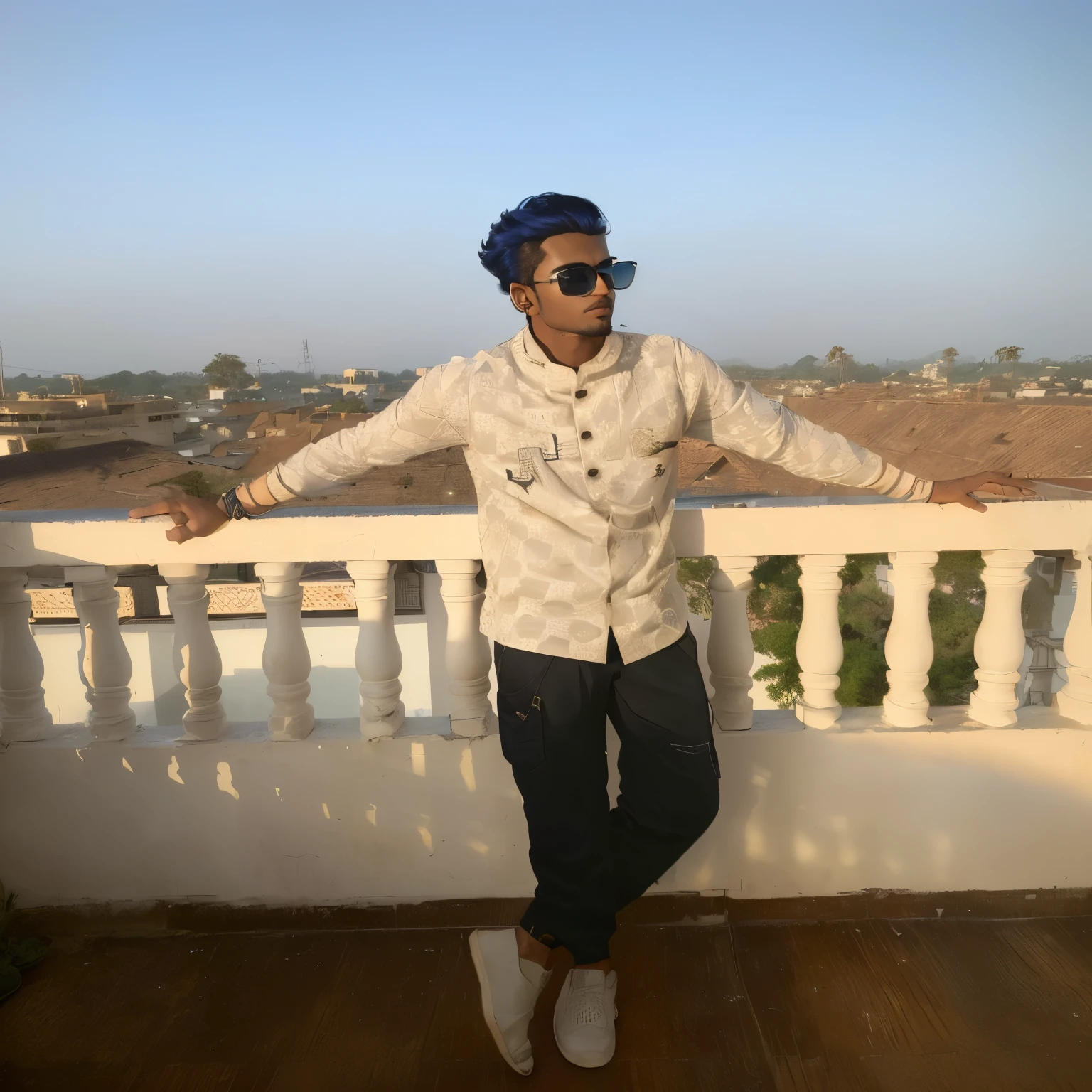 arafed man standing on a balcony with his arms out, with a cool pose, stylish pose, cool pose, very artistic pose, taken with sony alpha 9, distant full body view, very cool pose, with sunset, jayison devadas style, inspired by Saurabh Jethani, with sunglass, casual pose, during sunset, full body photogenic shot