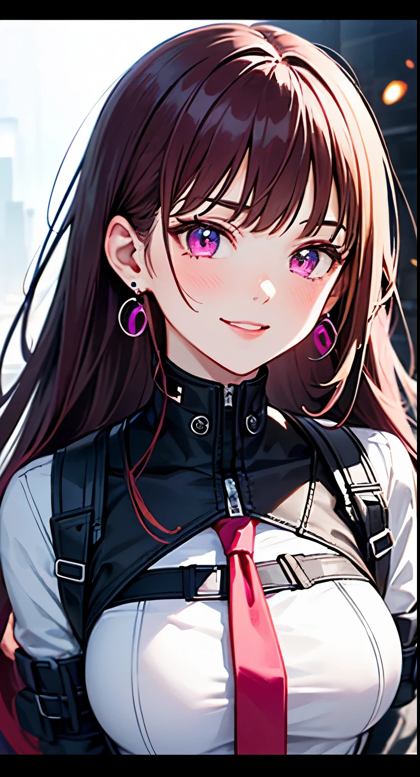 beautiful, alone, 1 female, mature, Long Hair, Magenta hair with bangs, Half tie、Half tie, Hot pink eyes, White clothes, Smile Facial, Futuristic, cyber punk, You say, Earrings