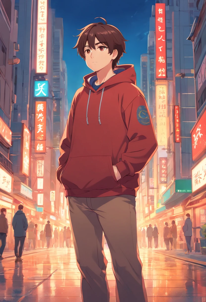 Chubby young man, white man, long brown hair, anime character, red hoodie, brown eyes, Ohio background