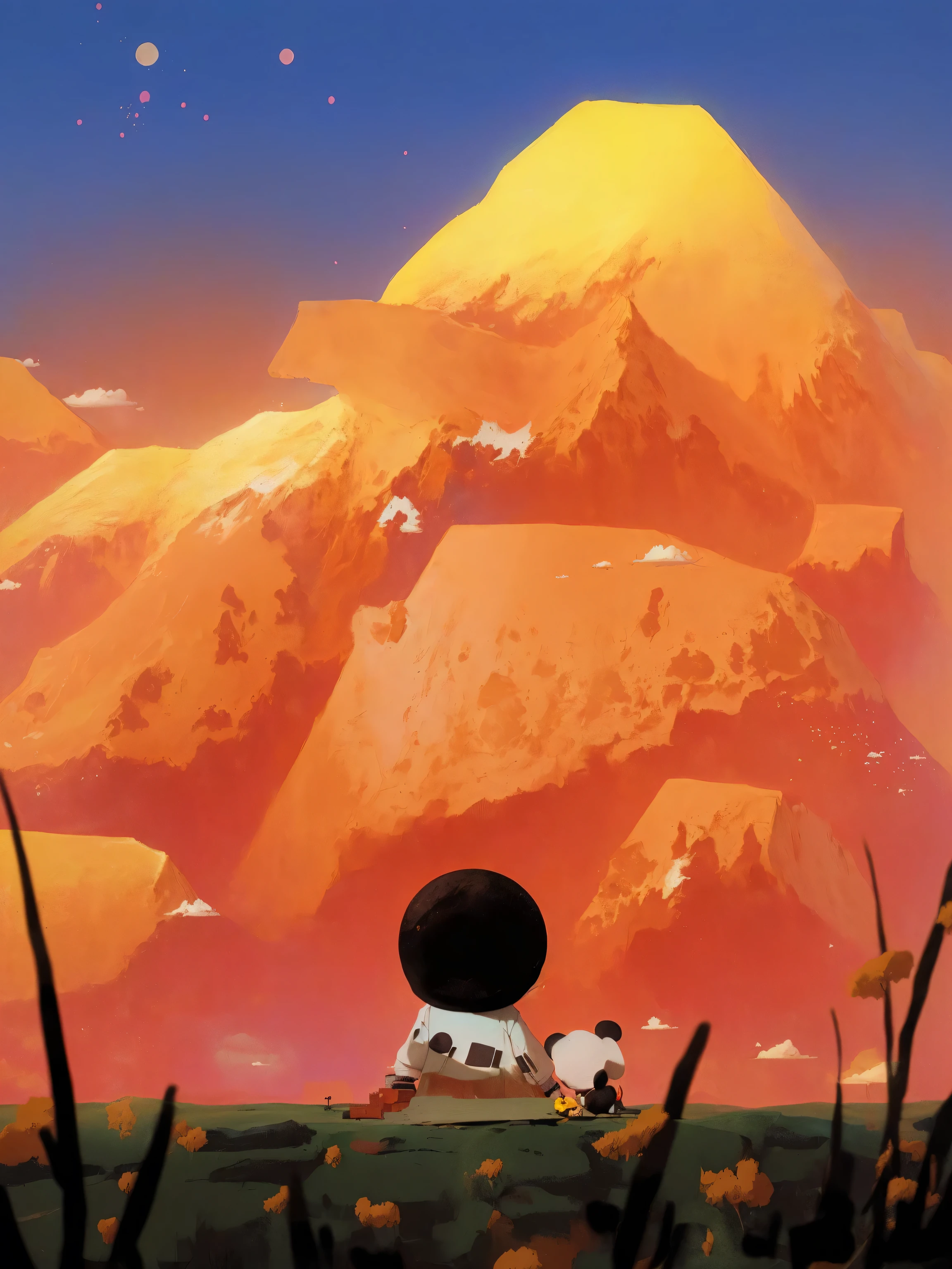 Mickey Mouse and Pluto Pluto Pluto Pluto Pluto Pluto Pluto Pluto Pluto Pluto Pluto Pluto Pluto Pluto Pluto Pluto Pluto Pluto Pluto Pluto Pluto Pluto Pluto Pluto Pluto, Spiritual inspiration comes from Goro Fujita, Artie Guerin 8K, Inspired by Artie Guerin, Warm color matching art interpretation, atey ghailan 和 steve mccurry, mountains of ice cream, Huge mountain range, Behind it is the mountains, Lofi Art