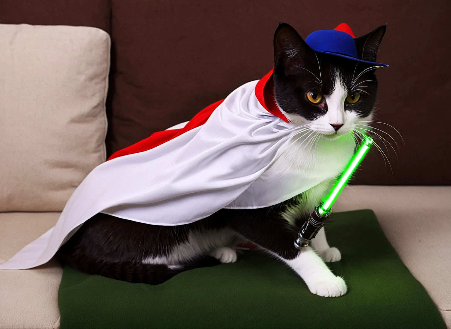 A cat wears (hat) a (cape) a cat claw (lightsaber 2) Best work masterpiece lifelike effect CG cat tail