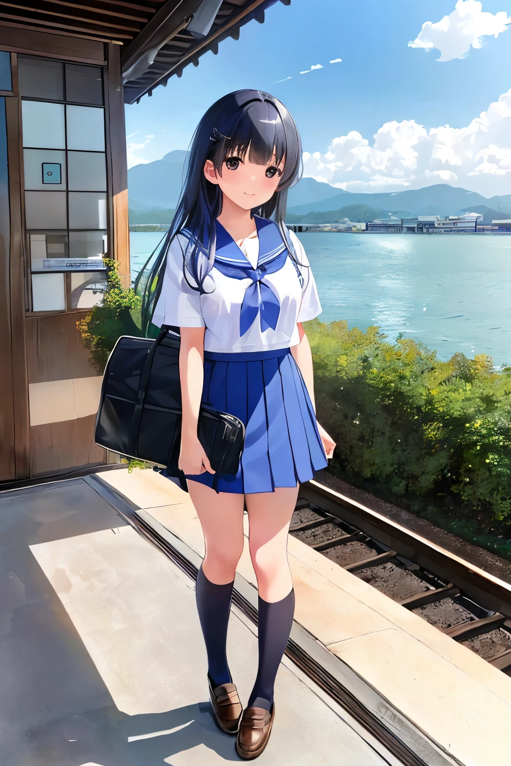 (masterpiece), (best quality), (ultra-detailed), photorealistic, (best illustration), (an extremely delicate and beautiful), Multiple girls、Japanese、14 years old、White sailor uniform for junior high school、Short sleeve、Navy blue mini skirt、White knee-high socks、Black leather shoes、Have a travel bag、Laughing happily、School trip、Station platform、Shinkansen background、City station background、Never to return　Carrying on memories of classmates　If we lean our shoulders together the bell will ring　Platform lalala... the train is going　The train travels all the way　Our young people come all the way　School trip, unfold the map　The town I dreamed of with my camera　I&#39;ll remember the photo I took　The train keeps going, la la la...　The train continues on its way　We are young and single-minded　School trip to the foggy port　The lakeside lodge is full of memories　If you shake my hand, I&#39;ll follow you　A flock of little birds, la la la... the train goes　The train is leaving. Goodbye.　Goodbye to our youth　School trip