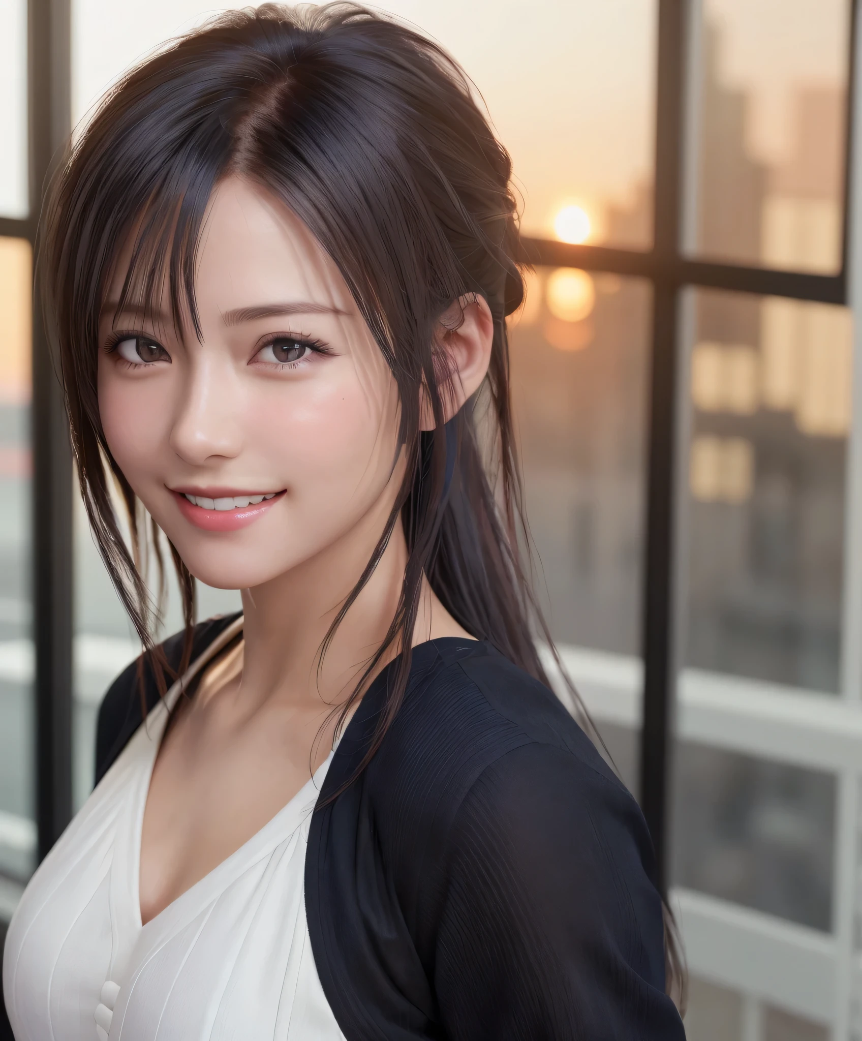Best Quality, Ultra high definition, (Photorealistic:1.4),Sunset light, Ponytail, detailed photo, Smiling, Sexy, Black shirt, Facing Camera, (masutepiece: 1.3), (8K, Photorealistic, Best Quality), (1girl in), Beautiful face, (Realistic face), (Black hair, ...