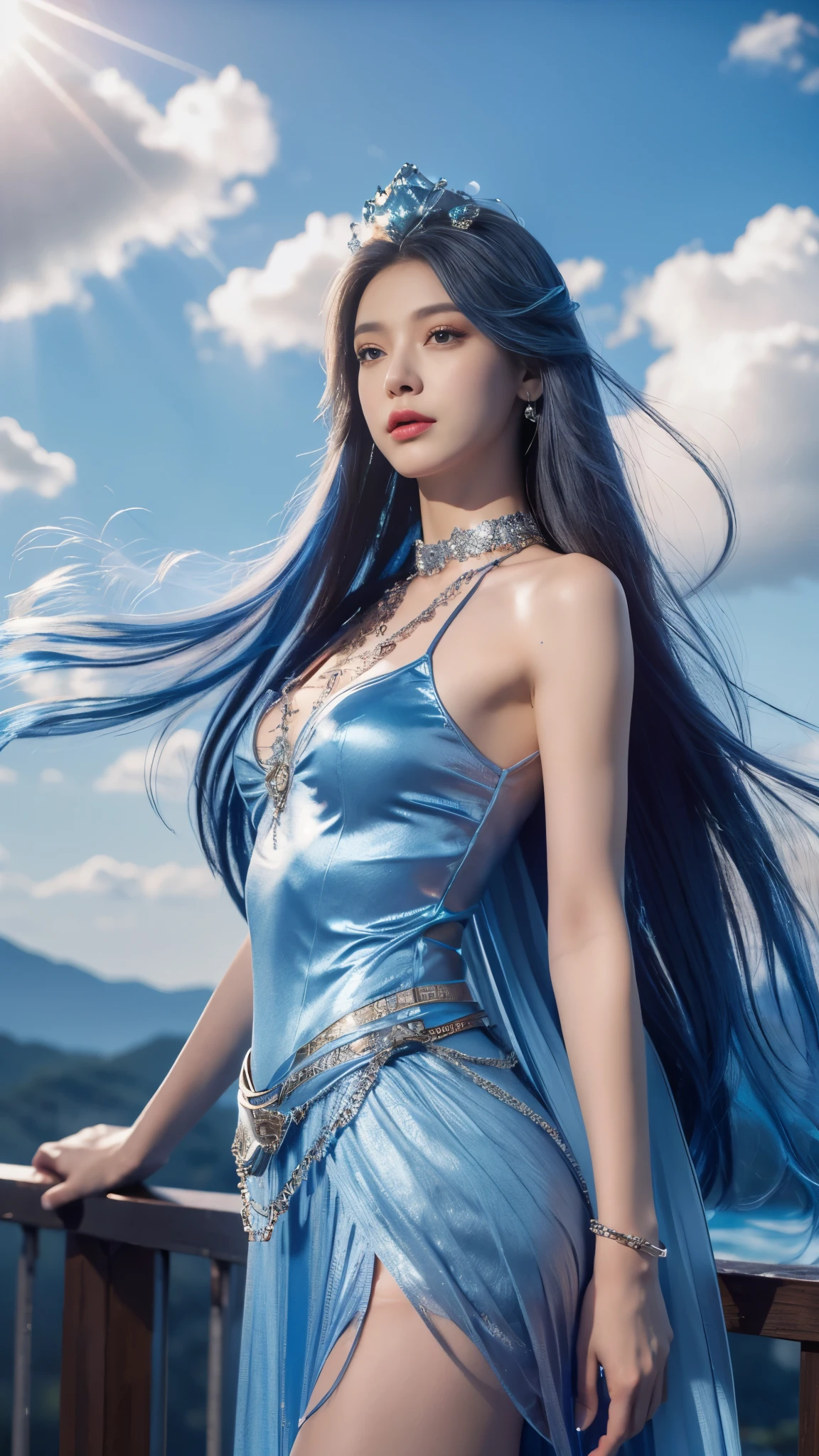photorealistic, 1girl, ((slim body)), long hair, gradient hair, solo, detailed eyes, jewelry, bracelet, choker, small breasts, looking at viewer, realistic, necklace, (((blue princess))), long skirt, thigh highs, blue cape, sardine, lace, evening, sunlight, clouds, in the sky, clouds, realistic sun light,, detailed, upper body,