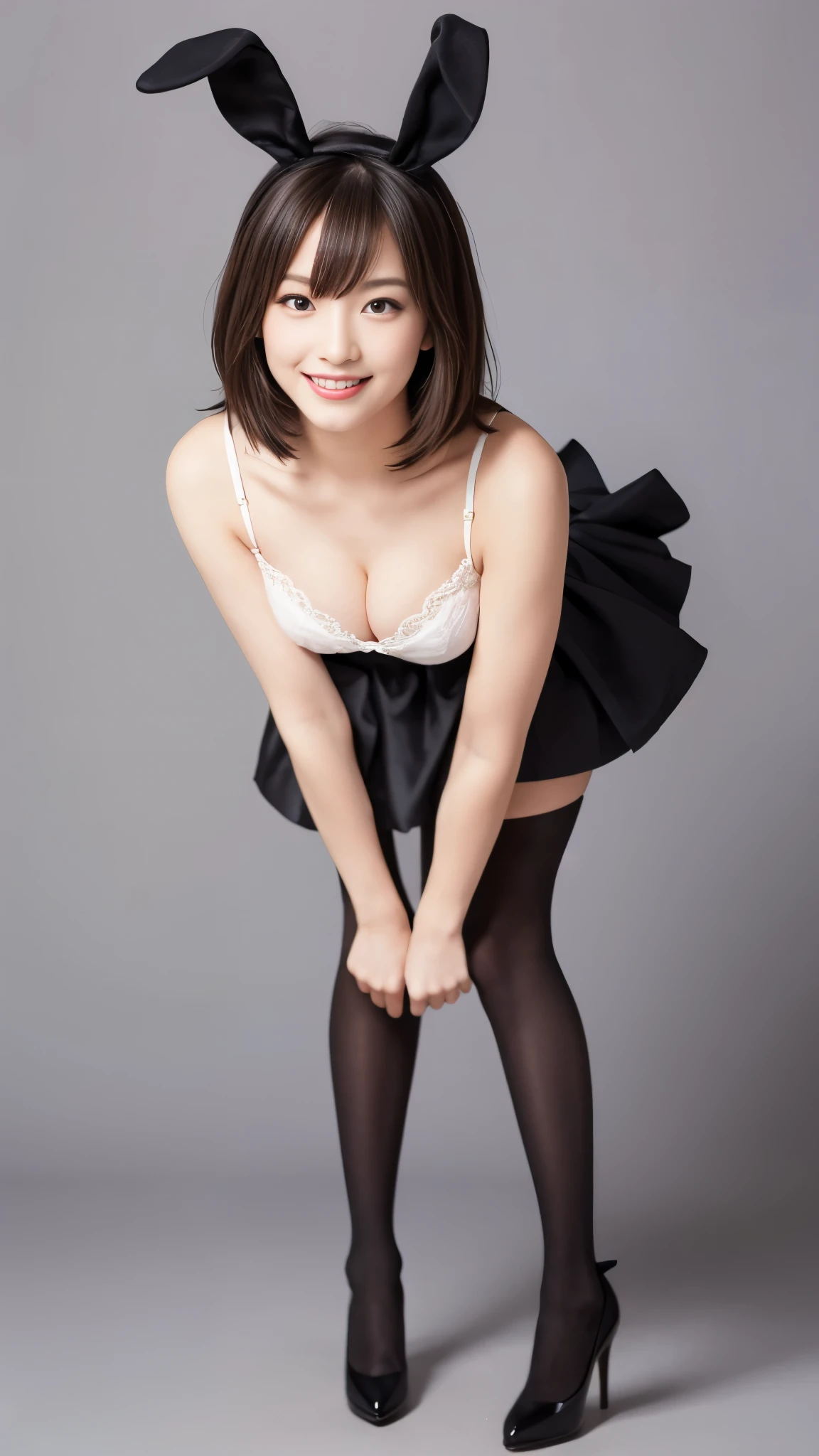 Bunny girl in maid outfit:1.5，Wearing black tights:1.5，The best smile:1.5，Full Body Shot:1.5，Gray background:1.5，Wearing black high heels:1.5，Short hair with side waves:1.5，forward leaning posture:1.5，Accentuate the cleavage:1.5