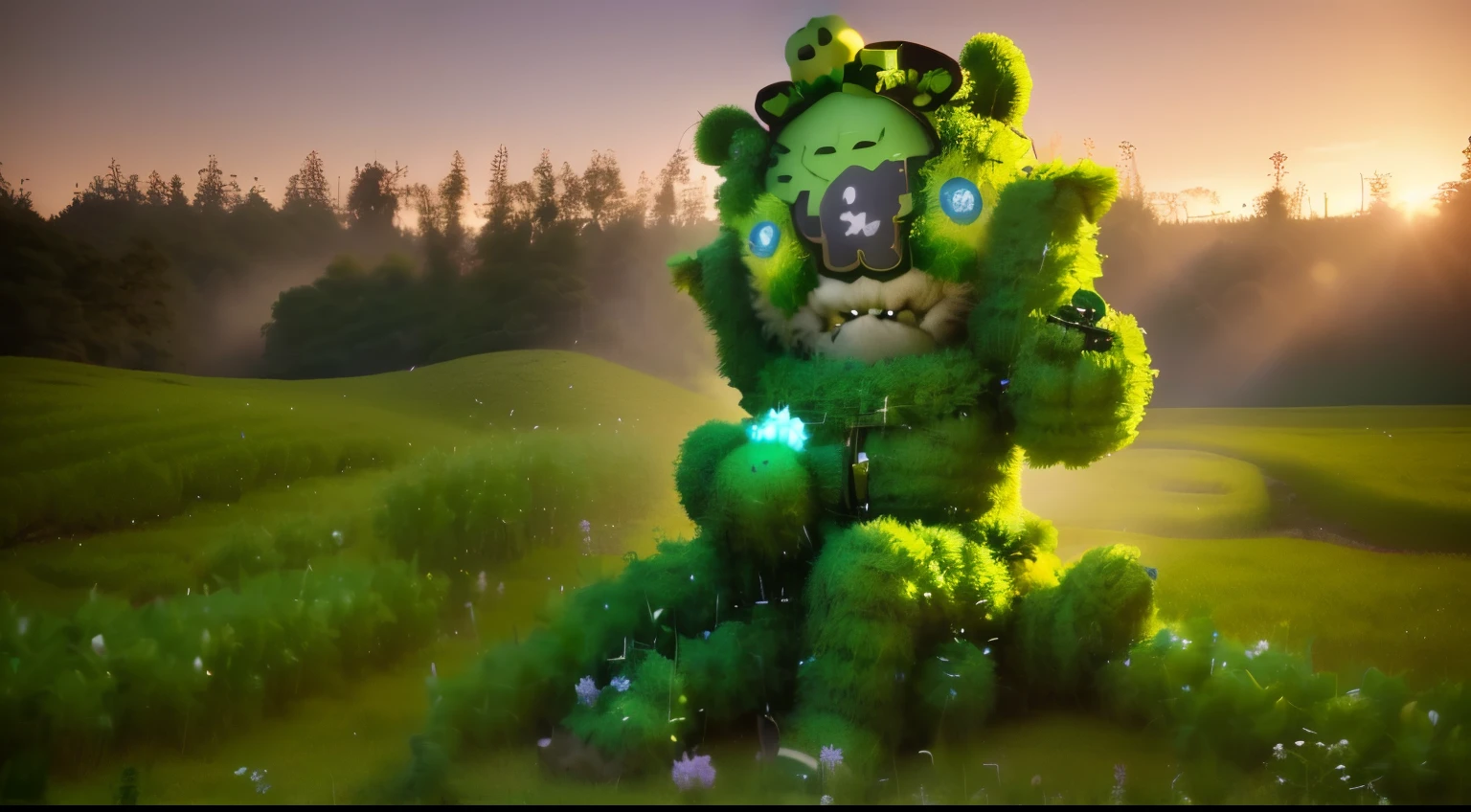 There is a green teddy bear,Wearing a crown on his head, Flowery humanoid creature, a humanoid thistle monster, a Plant monsters, Japanese mascot 3D model, Plant monsters, Orc and vine fusion, Inspired by Haruki Murakami, Shot with Nikon Z9, Shot with Sony Alpha 9, orc on vines, giant pig grass