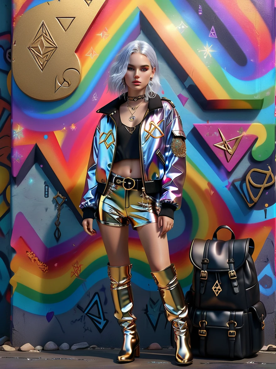 Rebellious European Girl,Silver hair,Blue luster,Violet eyes,Street style,Fantasy elements,Rainbow fabric,Bodysuit,Gold pattern,Ancient runes,Holographic bomber jacket,Metal nails,Gemstone pattern,thigh-high boots,Metallic silver,Glowing blue decoration,Mystic Potion,amulet,belt,Fingerless gloves,Glowing Rune,Necklace,Glowing crystal pendant,Holographic backpack,Mysterious symbols,Combination of tradition and fantasy,Unique temperament,Anatomically correct,Textured Skin,Standing in front of a graffiti style background,Add whimsy to the scene,To enhance the sharpness and modernity of the scene,Sharp lines,Bold brushstroke numbers